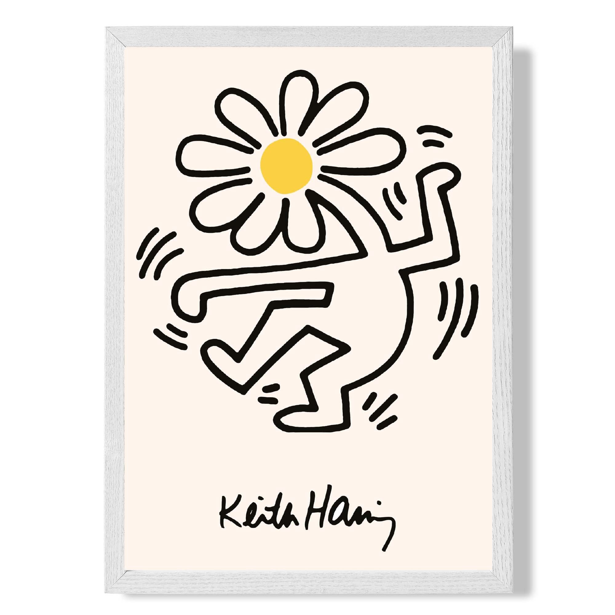 Keith Haring Dancing Flower Yellow print in White Wooden Frame