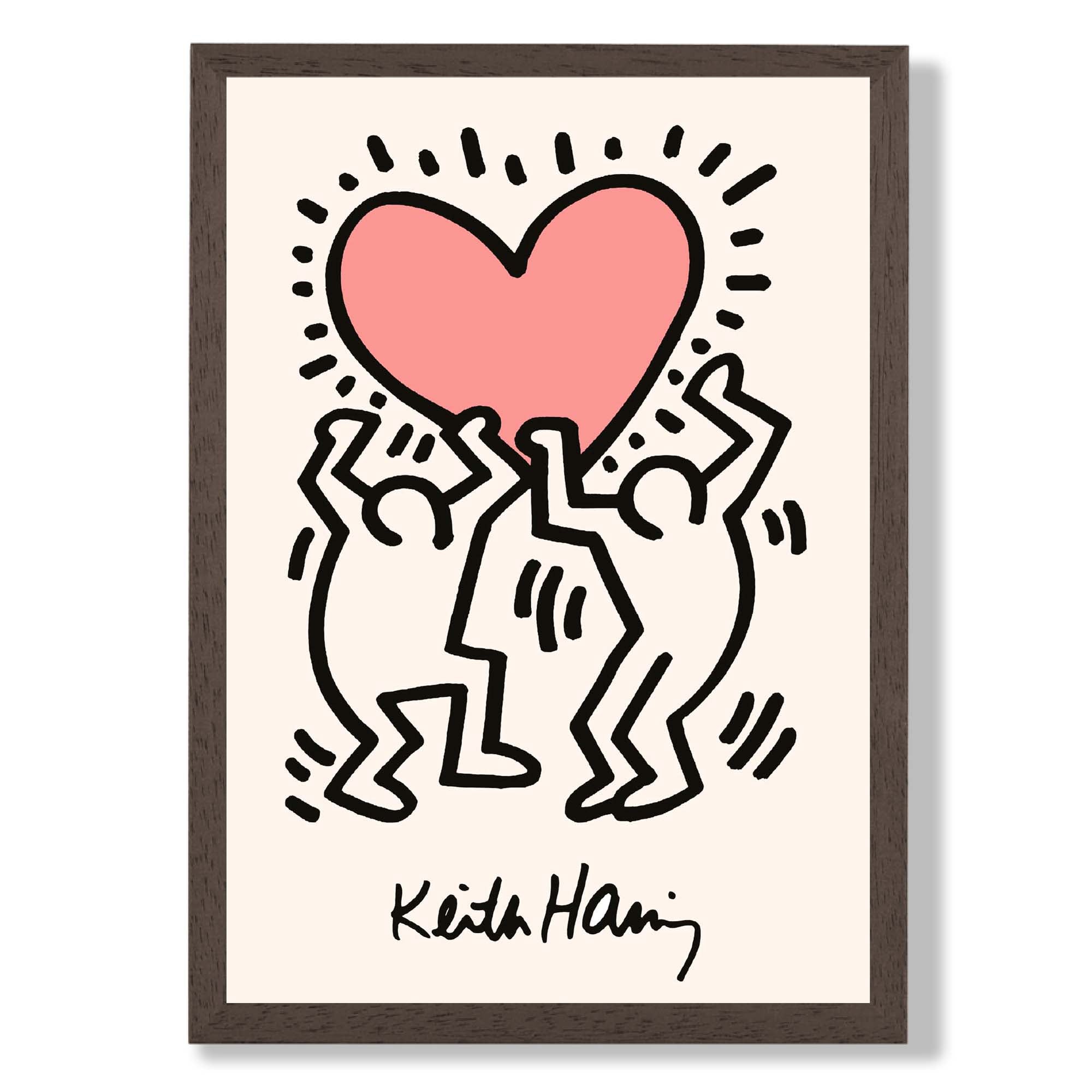 Keith Haring Heart in Pink print in Dark Wooden Frame