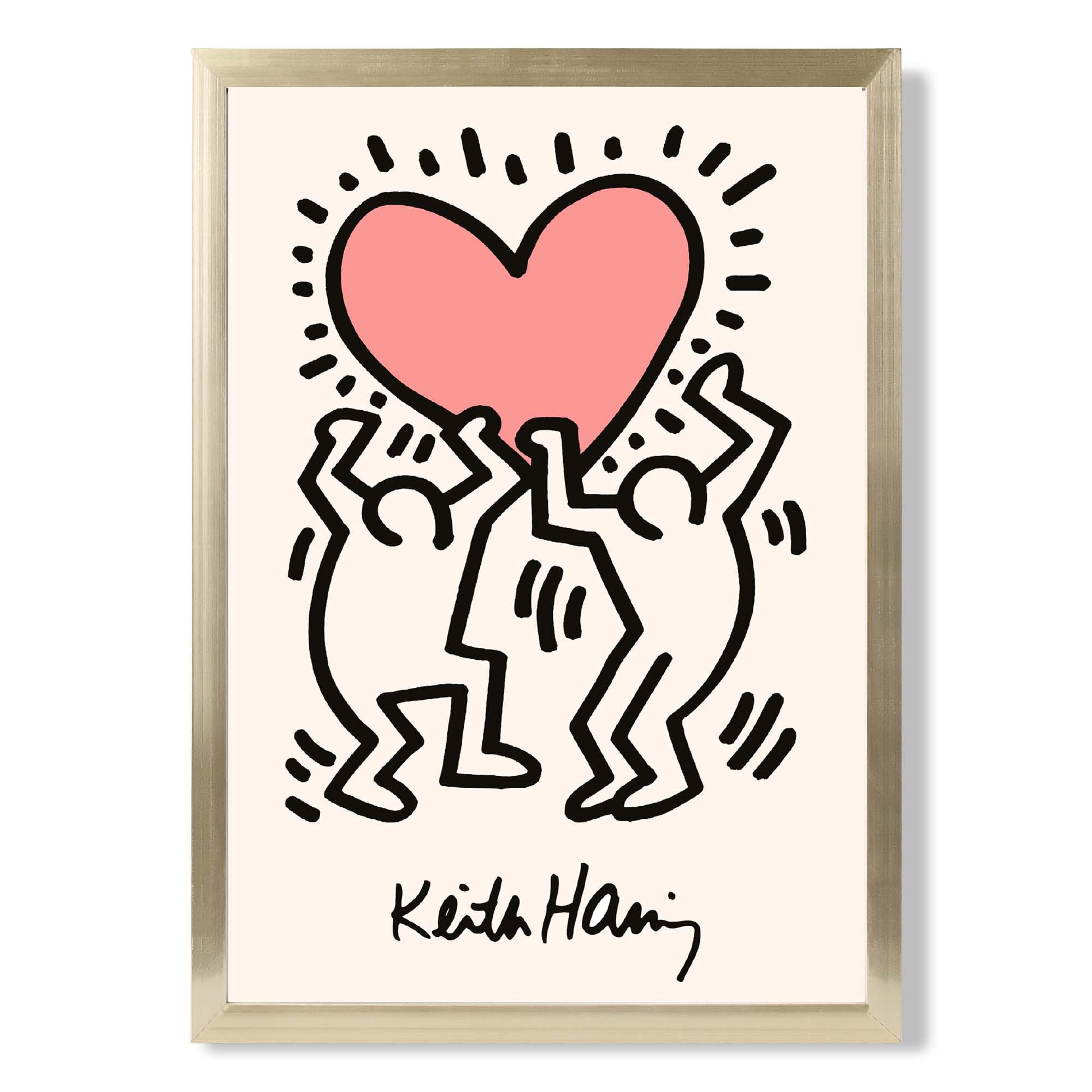 Keith Haring Heart in Pink print in Gold Wooden Frame