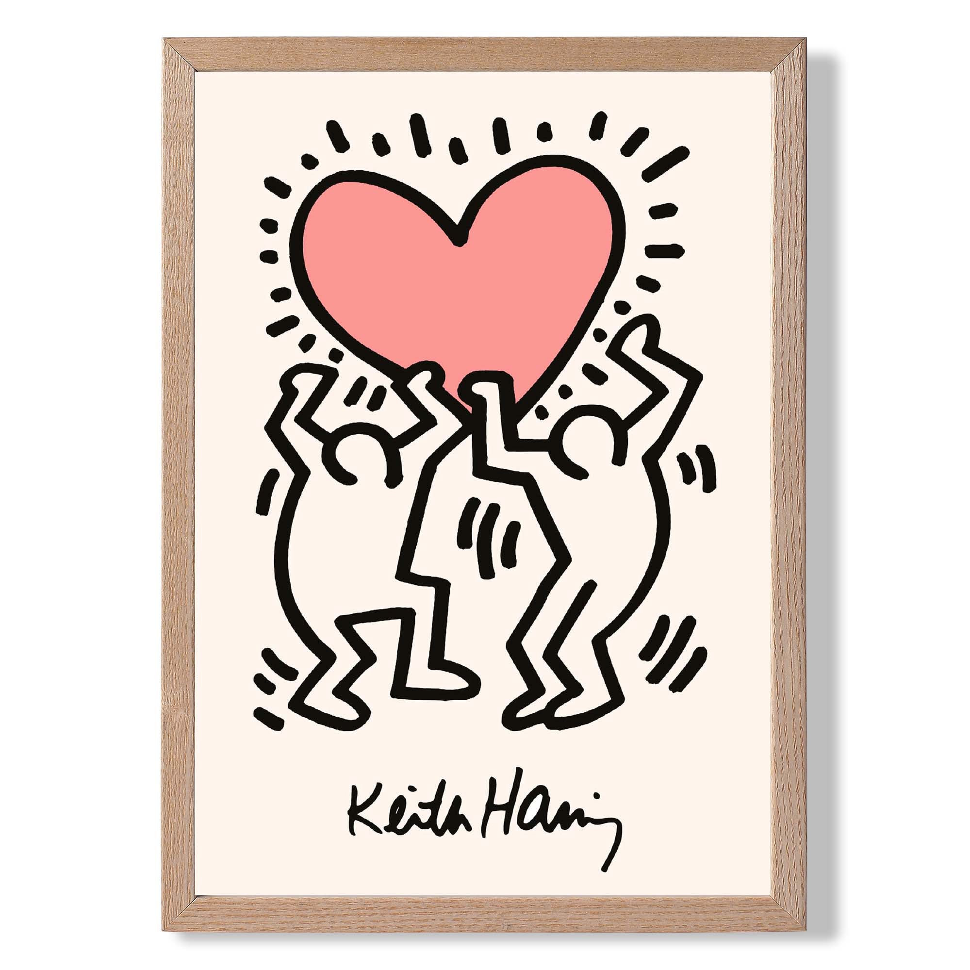Keith Haring Heart in Pink print in Light Oak Wooden Frame