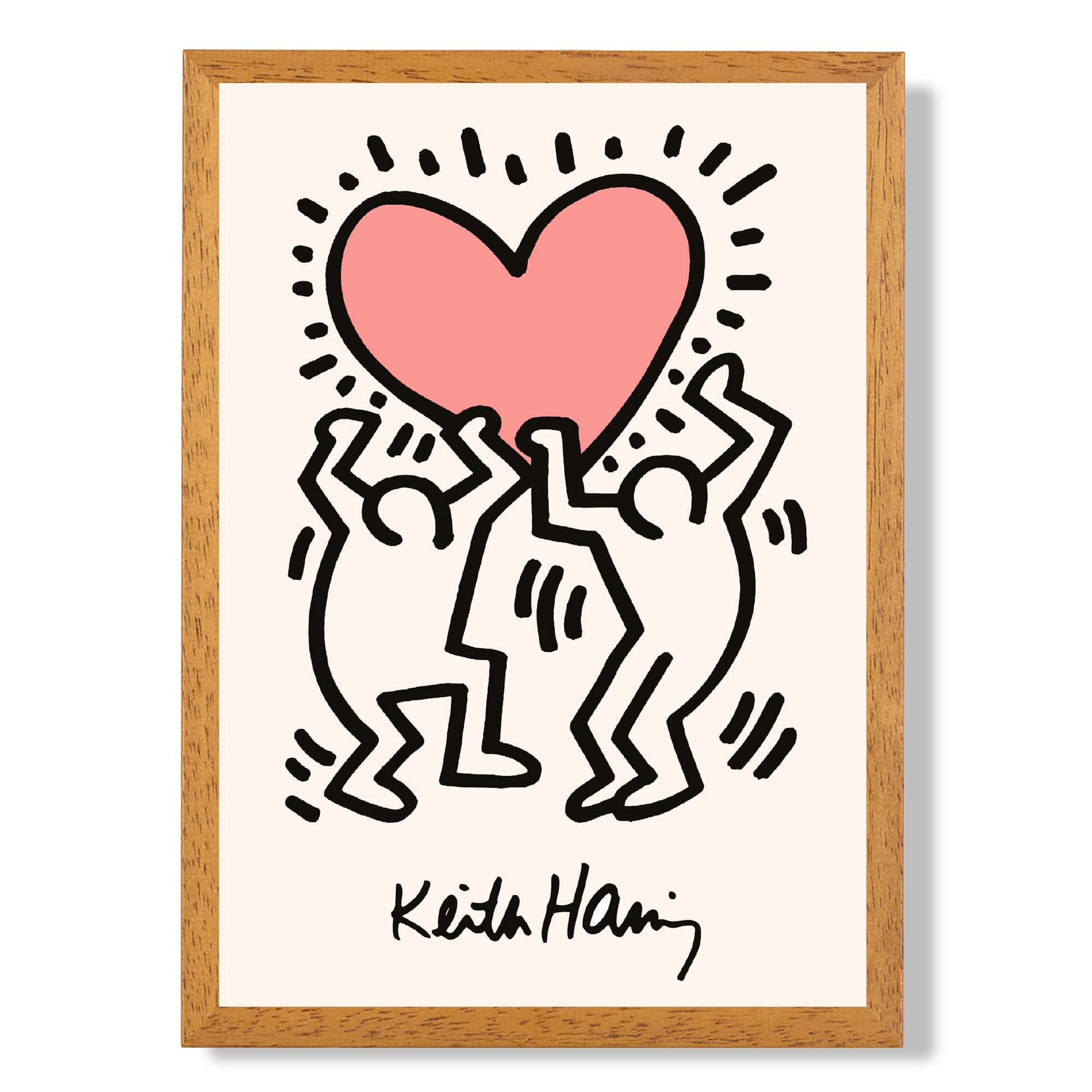 Keith Haring Heart in Pink print in Oak Wooden Frame