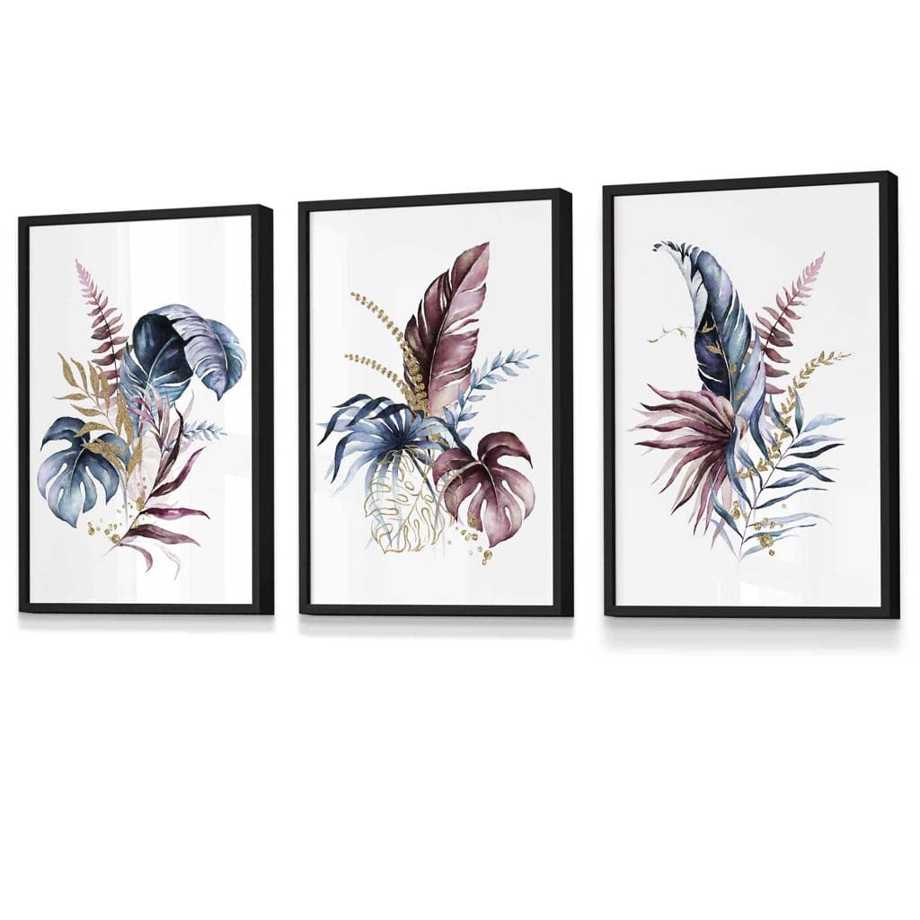 Botanical Set of 3 Pink and Blue Floral Wall Art Framed Prints | Artze Wall Art UK