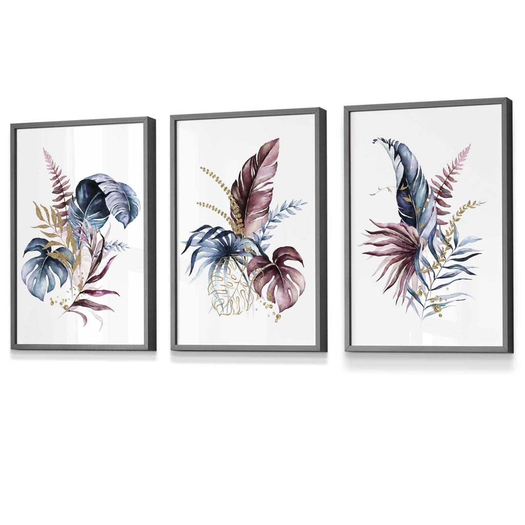 Botanical Set of 3 Pink and Blue Floral Wall Art Framed Prints | Artze Wall Art UK