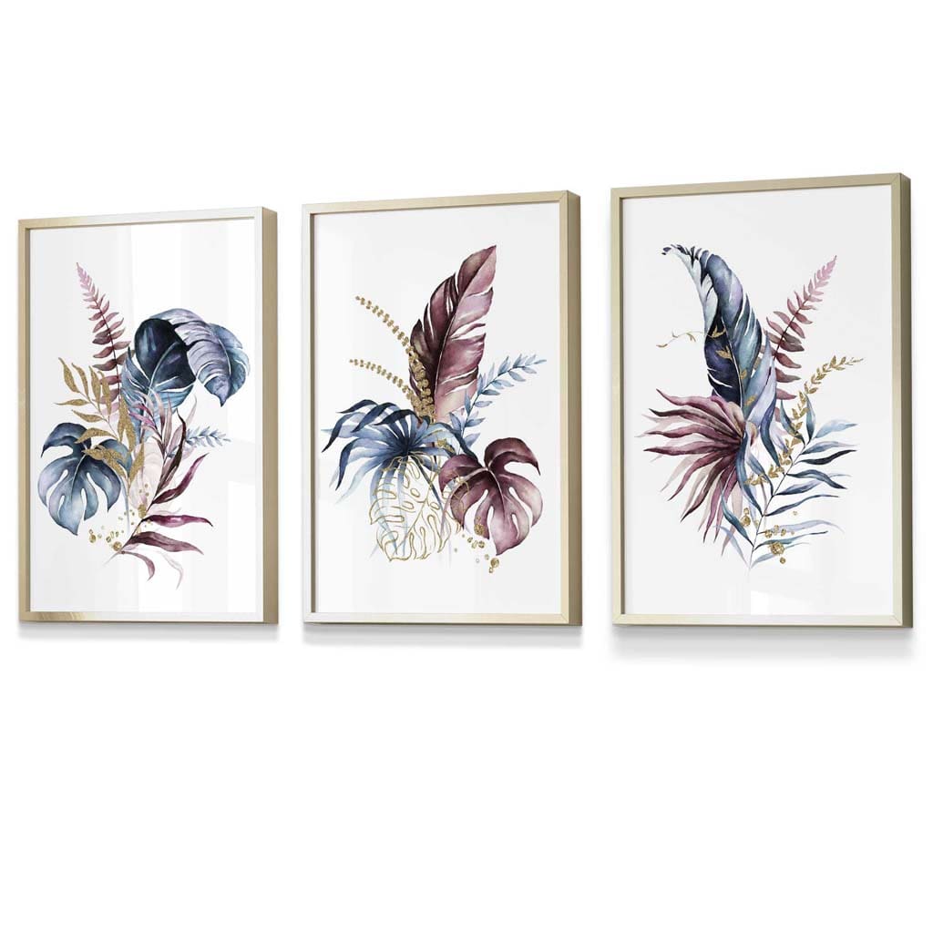 Botanical Set of 3 Pink and Blue Floral Wall Art Framed Prints | Artze Wall Art UK