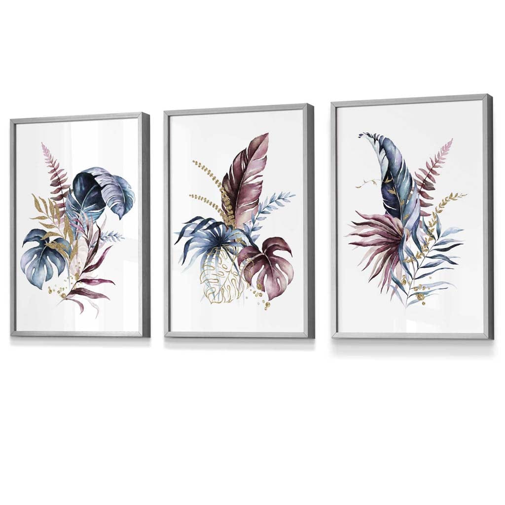 Botanical Set of 3 Pink and Blue Floral Wall Art Framed Prints | Artze Wall Art UK