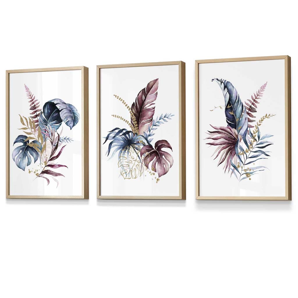 Botanical Set of 3 Pink and Blue Floral Wall Art Framed Prints | Artze Wall Art UK