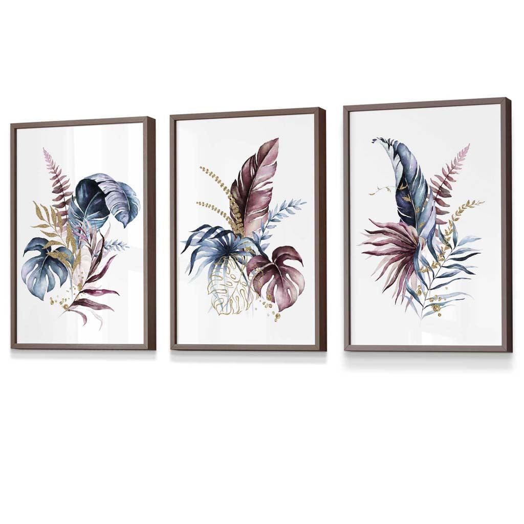 Botanical Set of 3 Pink and Blue Floral Wall Art Framed Prints | Artze Wall Art UK