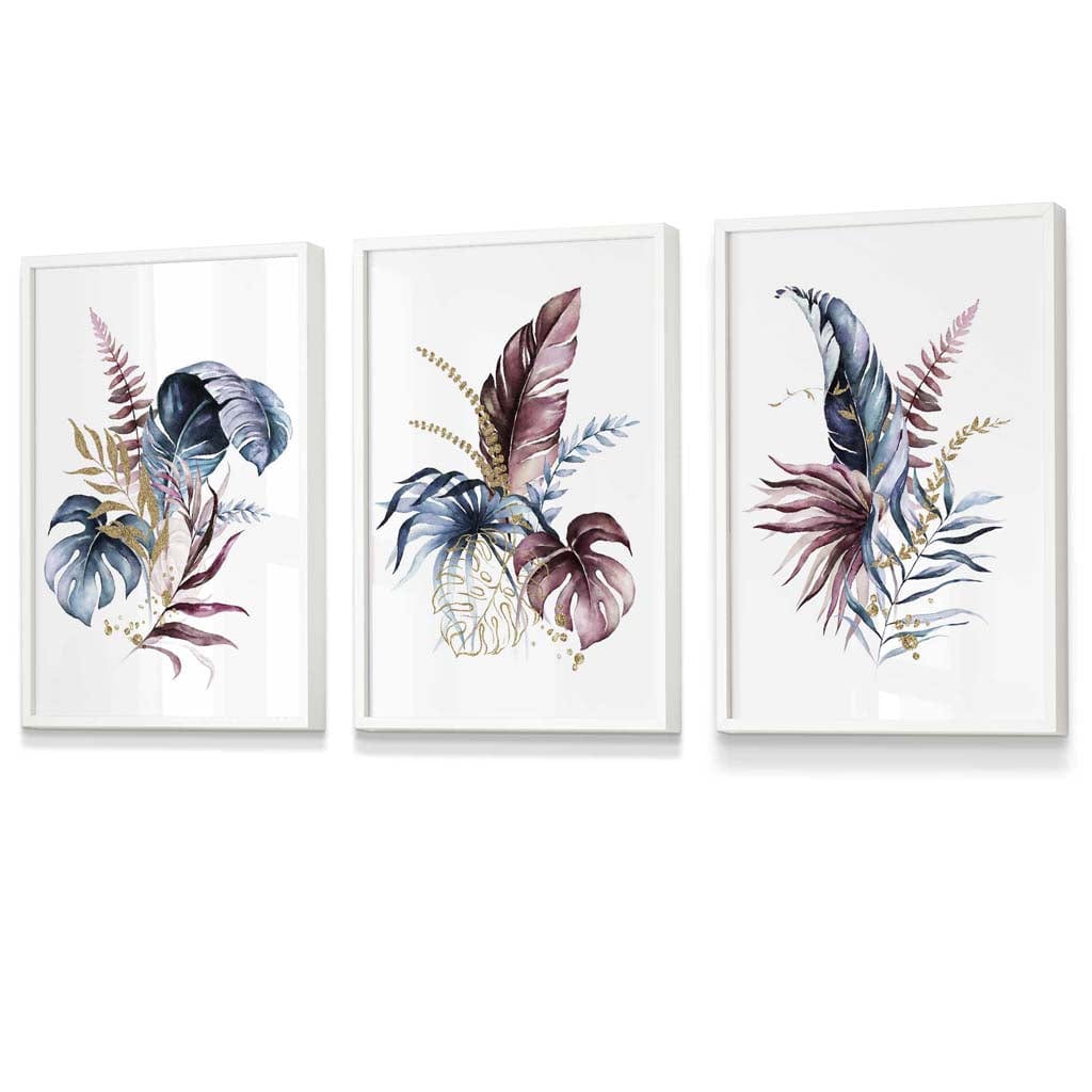 Botanical Set of 3 Pink and Blue Floral Wall Art Framed Prints | Artze Wall Art UK