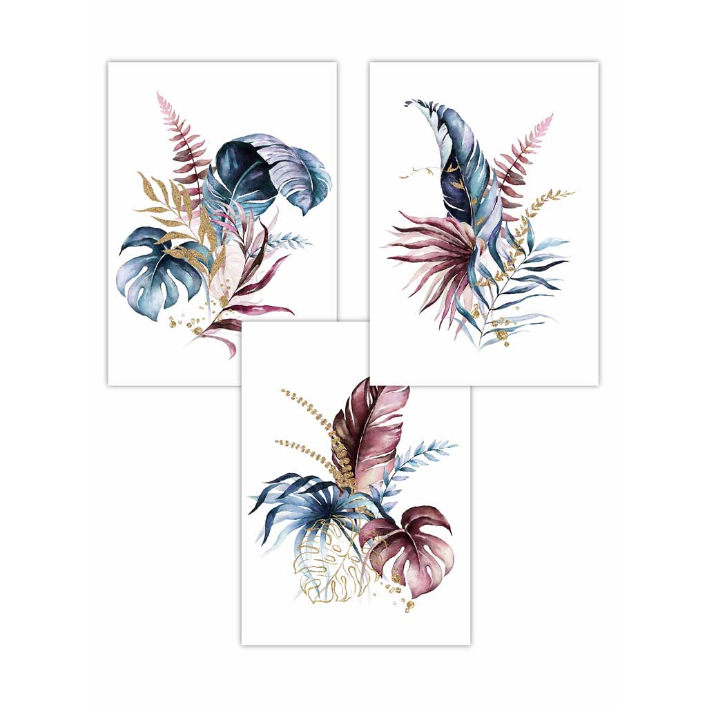 Botanical Set of 3 Pink and Blue Floral Wall Art Prints