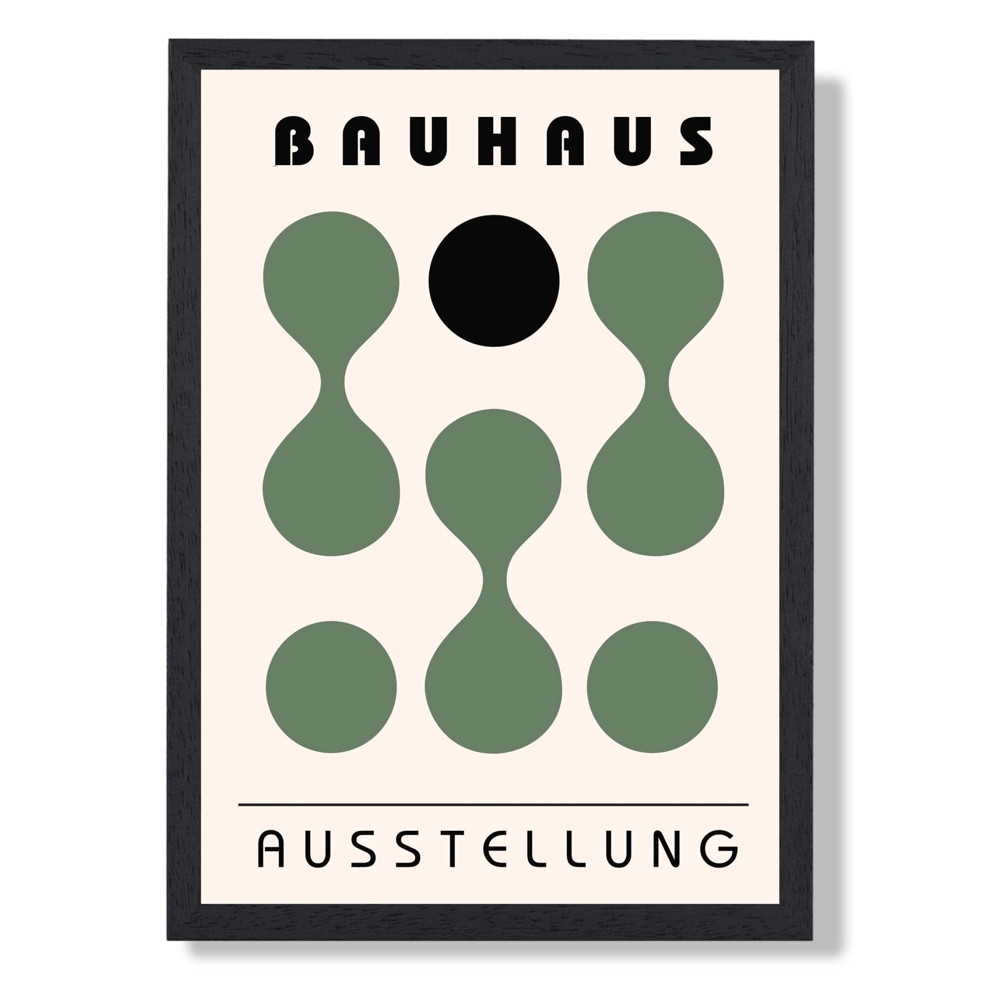 Bauhaus Shapes in Black and Green Art Print print in Black Wooden Frame