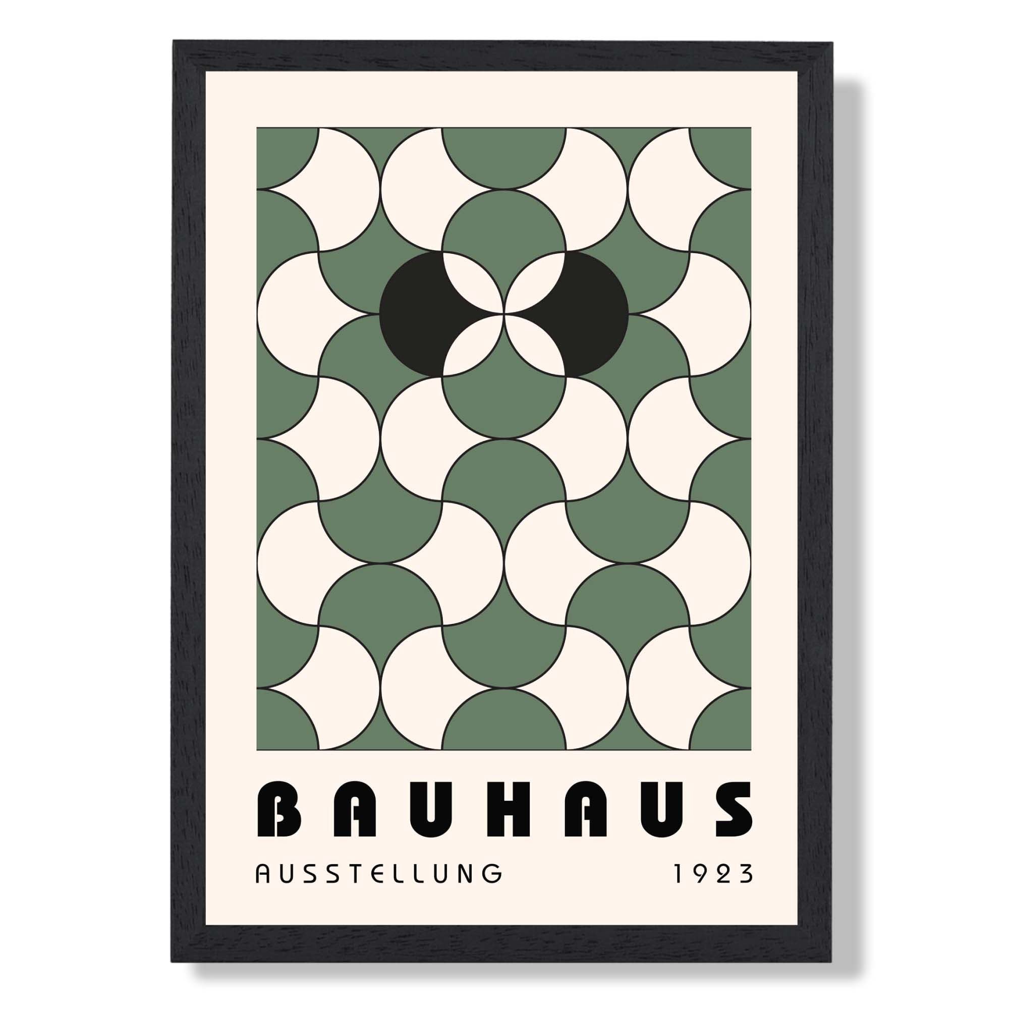 Bauhaus Green and Black Pattern Art Print print in Black Wooden Frame