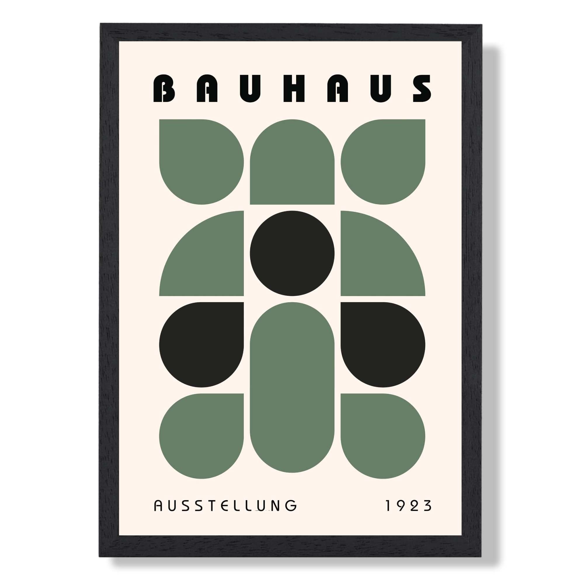 Bauhaus Green and Black Leaves Art Print print in Black Wooden Frame