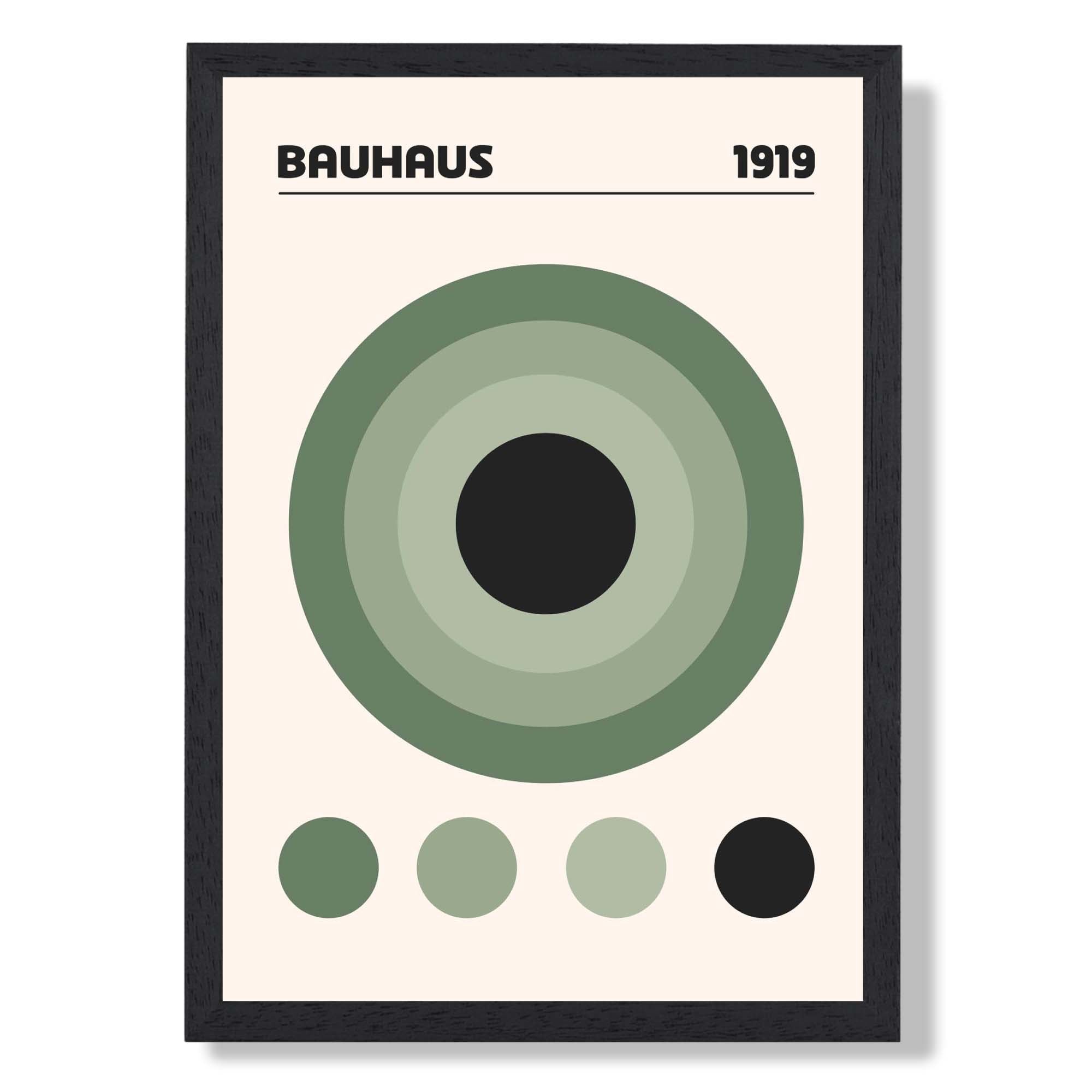 Bauhaus Multi Circles in Green Art Print print in Black Wooden Frame