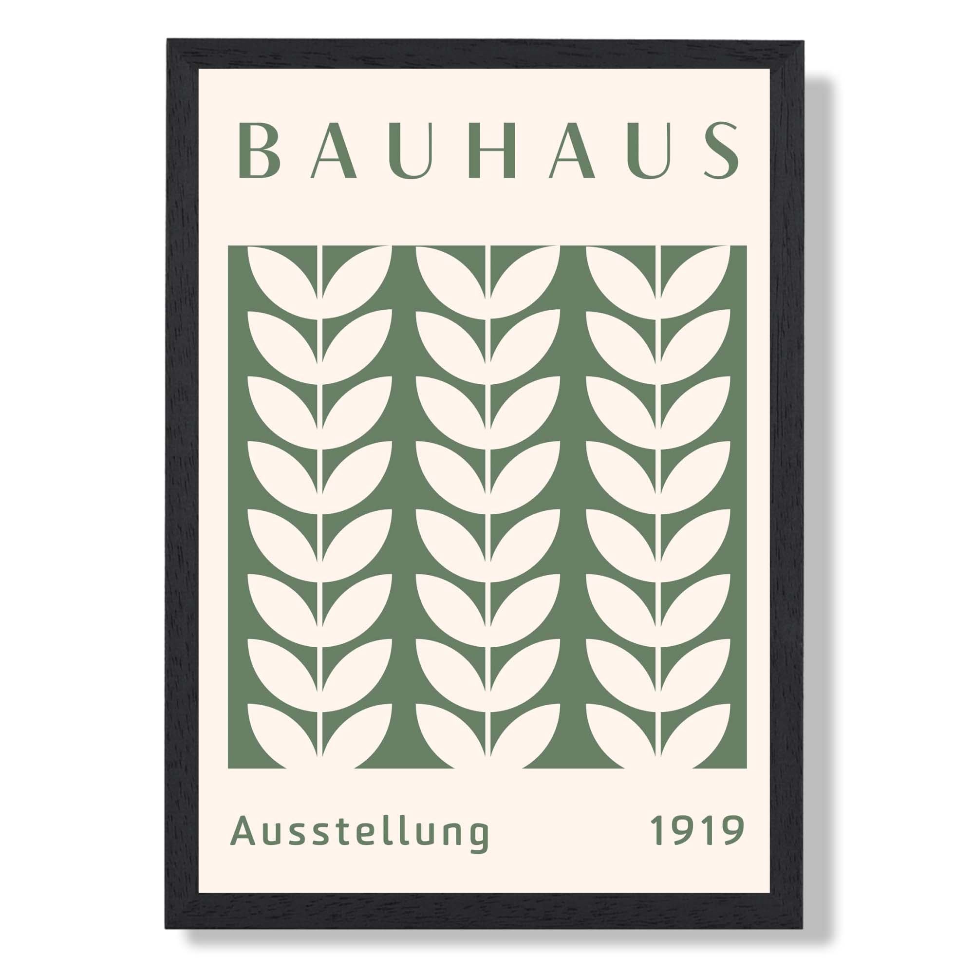 Bauhaus Floral Motif  in Green Art Print print in Black Wooden Frame