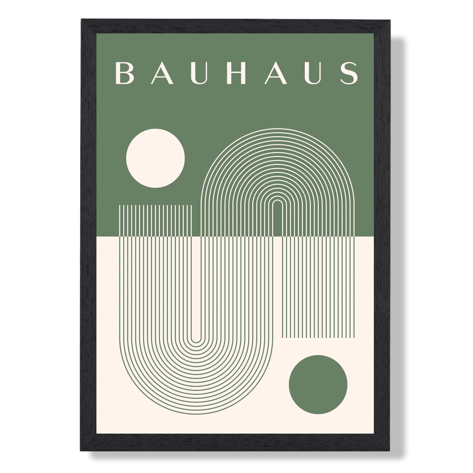 Bauhaus Geometric Spiral in Green Art Print print in Black Wooden Frame