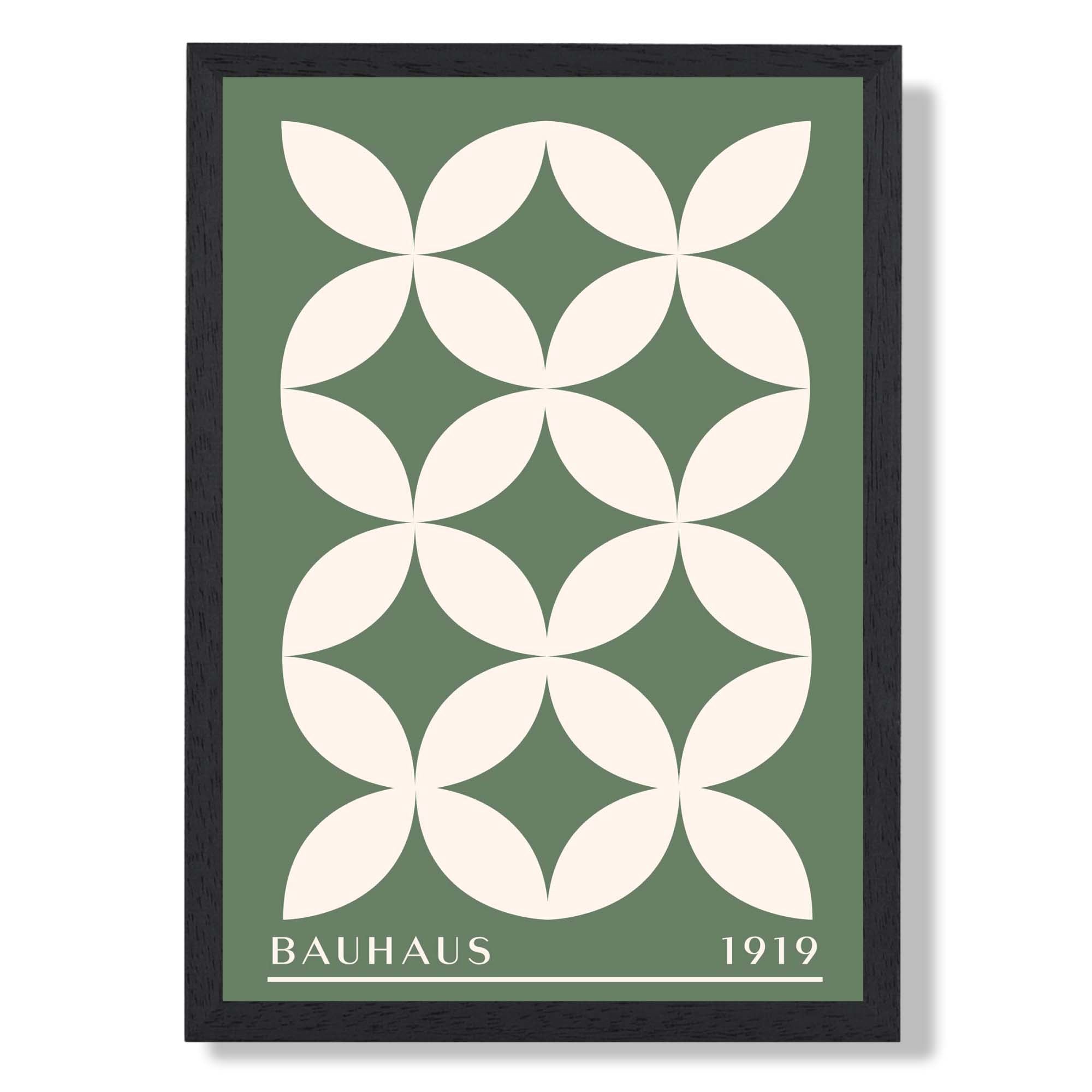 Bauhaus Green Stylised Floral Art Print print in Black Wooden Frame