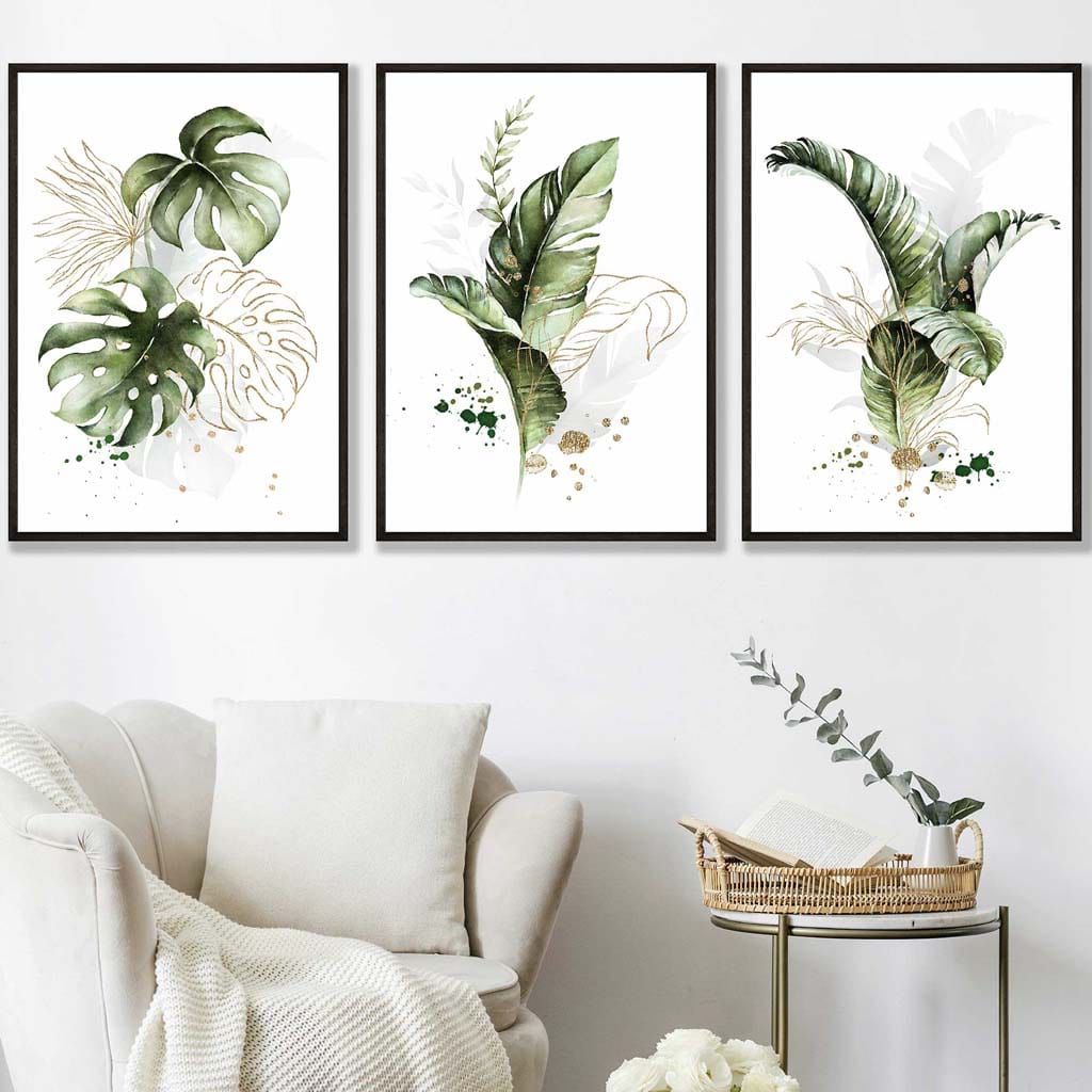 Botanical Set of 3 Green and Gold Floral Wall Art Prints