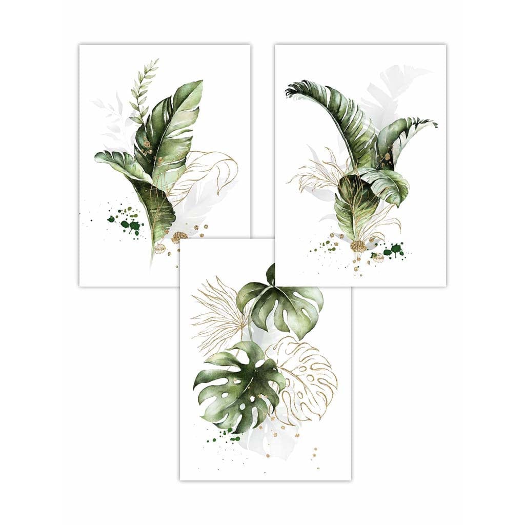 Botanical Set of 3 Green and Gold Floral Wall Art Prints