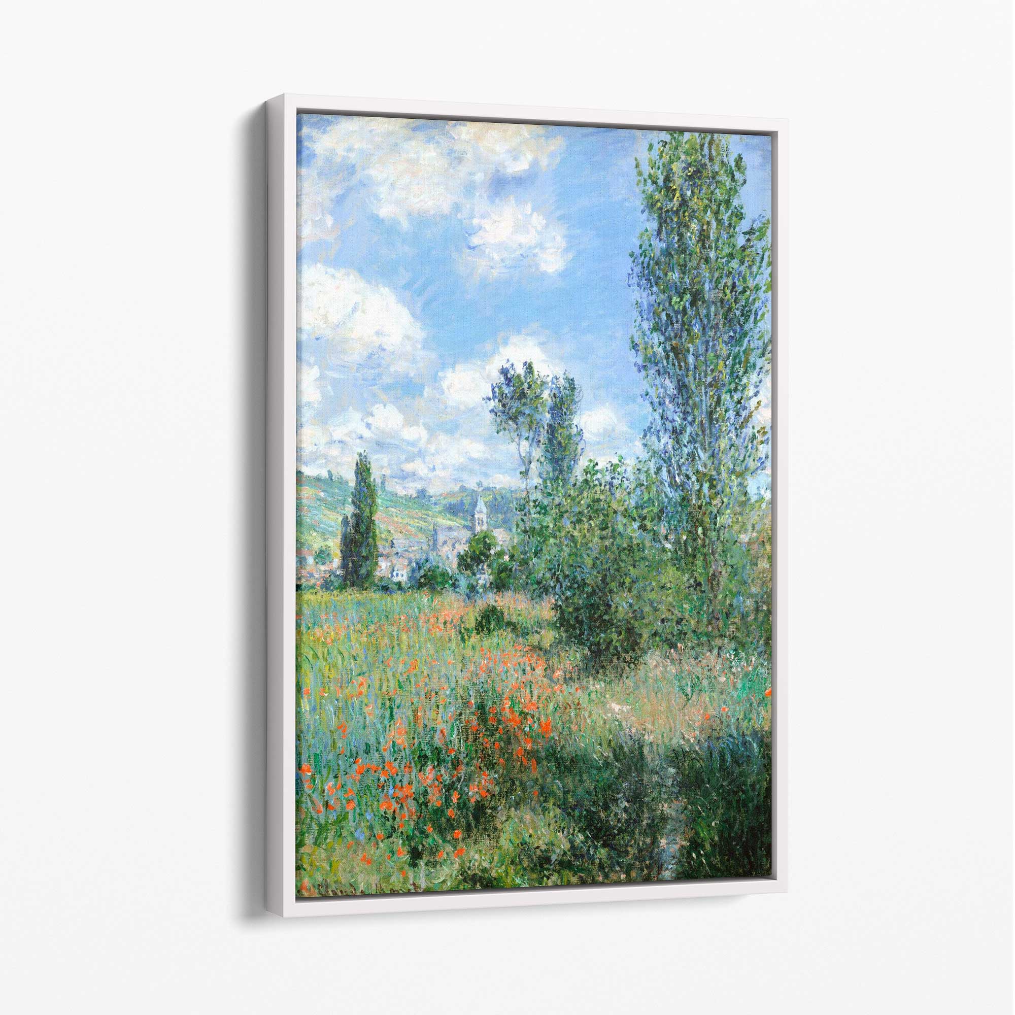 Claude Monet View of Vetheuil Canvas Art Print with White Float Frame