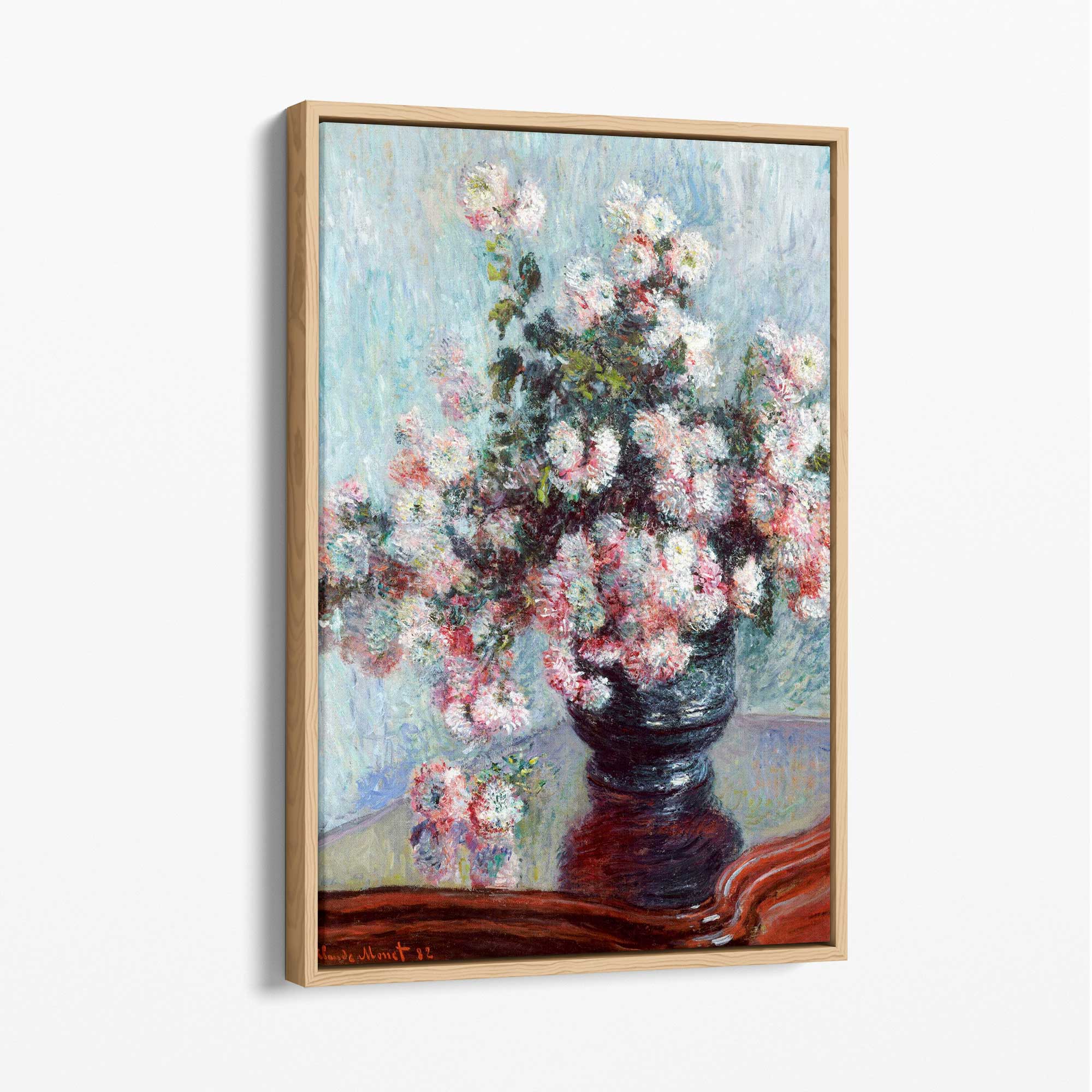 Claude Monet Crysanthemums Canvas Art Print with Oak Float Frame