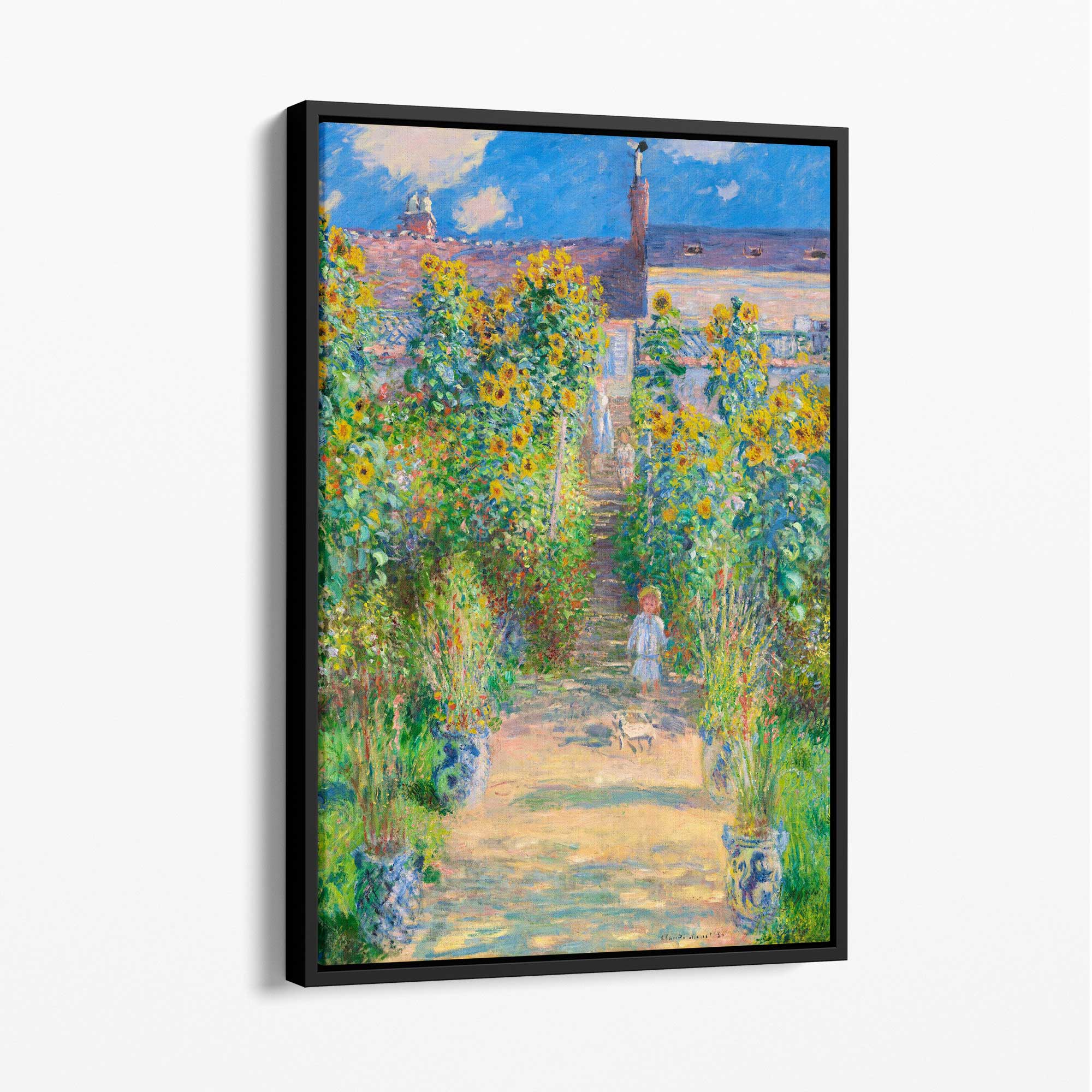 Claude Monet The Artist's Garden at Vetheuil Canvas Art Print with Black Float Frame