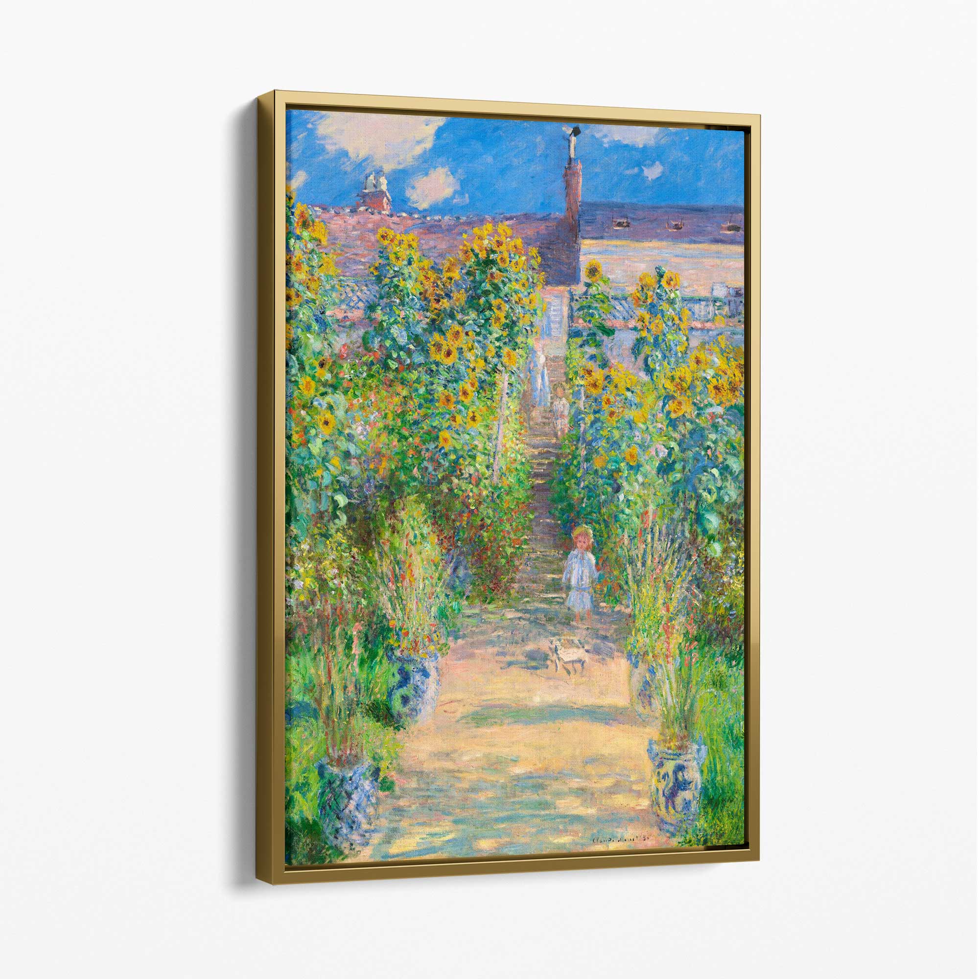 Claude Monet The Artist's Garden at Vetheuil Canvas Art Print with Gold Float Frame