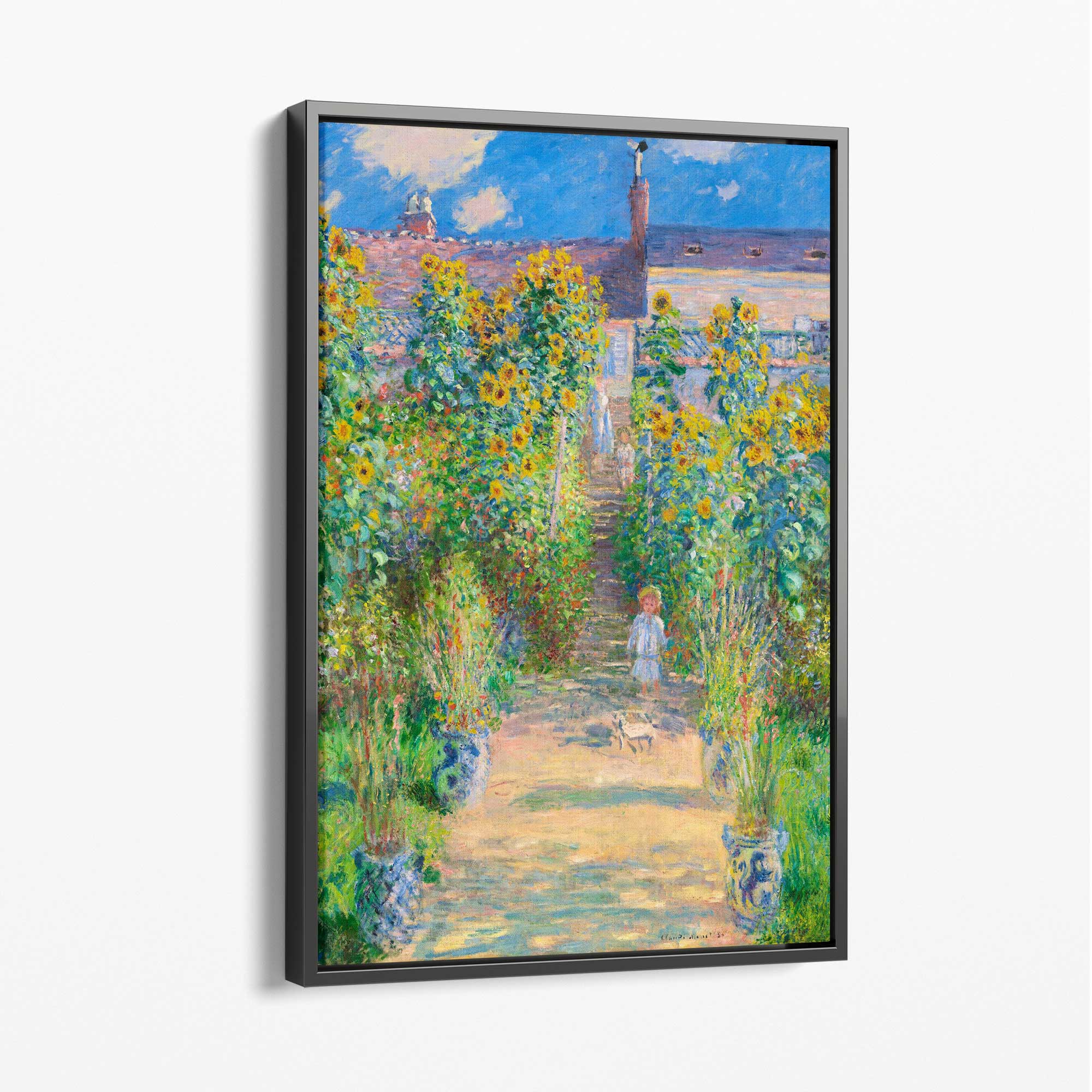 Claude Monet The Artist's Garden at Vetheuil Canvas Art Print with Grey Float Frame