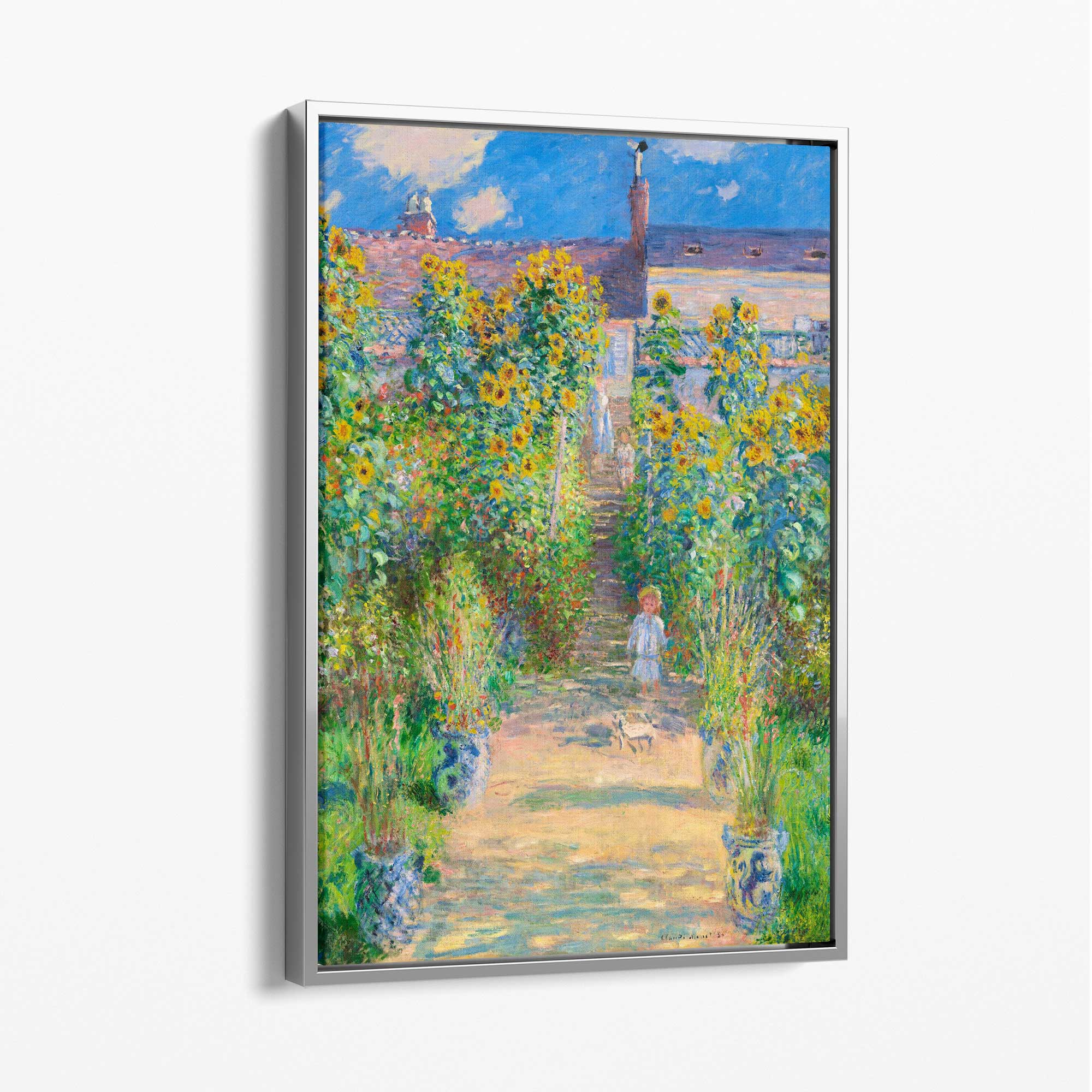 Claude Monet The Artist's Garden at Vetheuil Canvas Art Print with Silver Float Frame