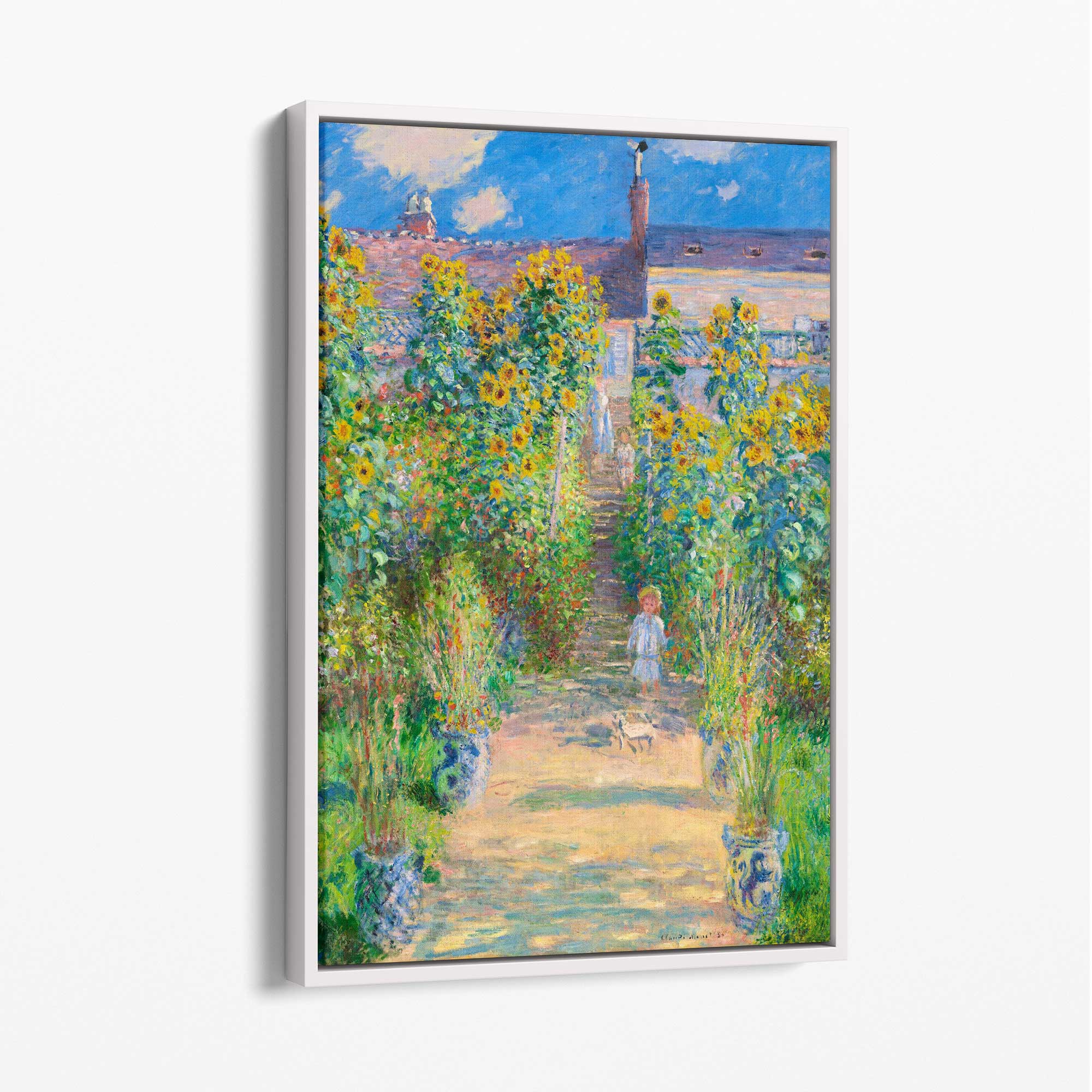 Claude Monet The Artist's Garden at Vetheuil Canvas Art Print with White Float Frame
