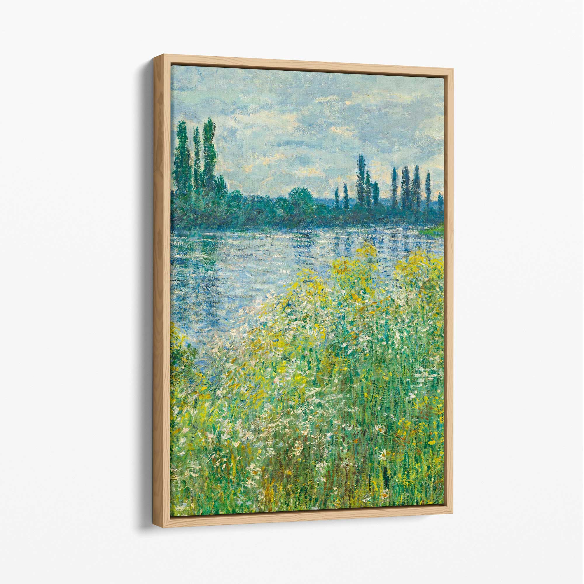 Claude Monet Banks of the Seine Vetheuil Canvas Art Print with Oak Float Frame