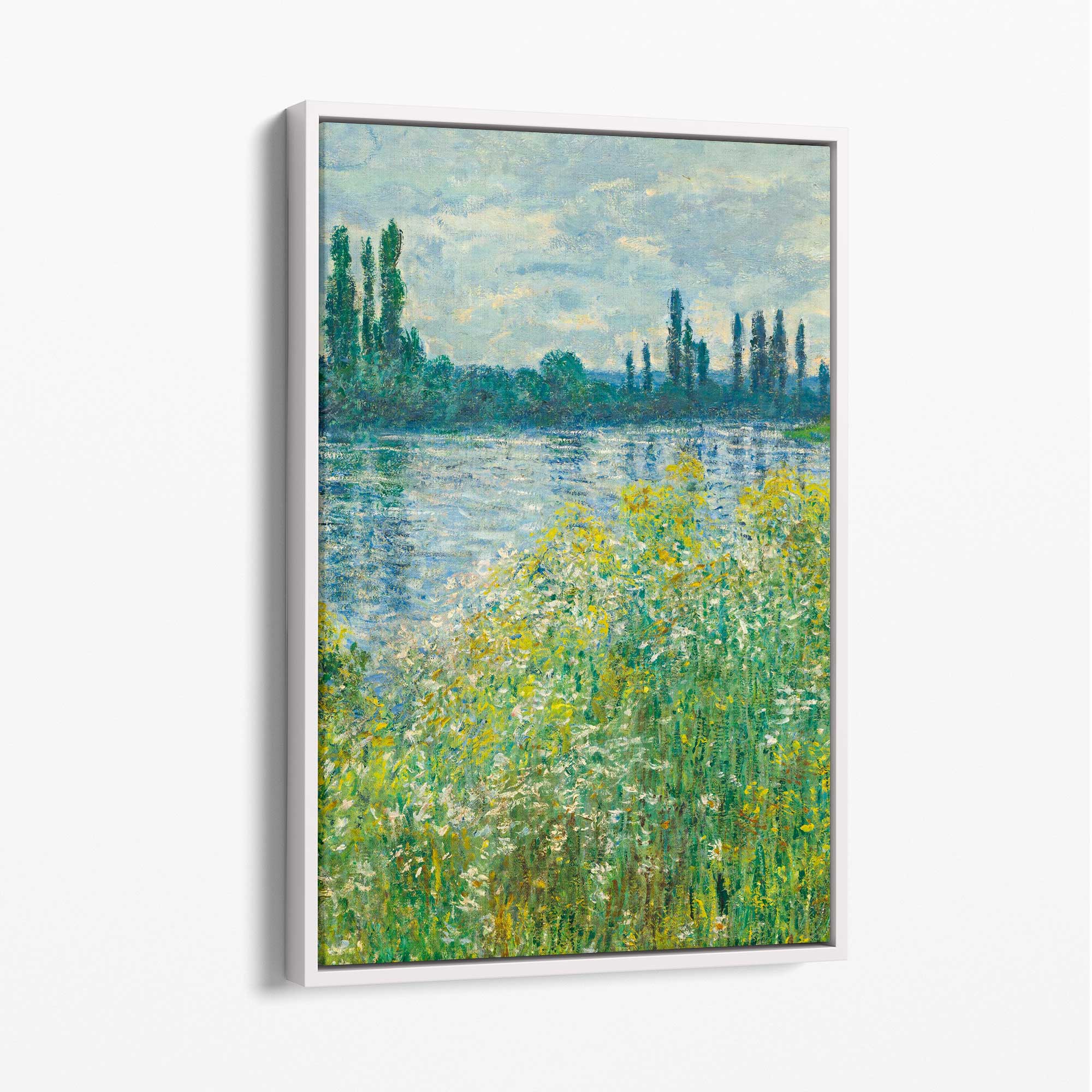 Claude Monet Banks of the Seine Vetheuil Canvas Art Print with White Float Frame