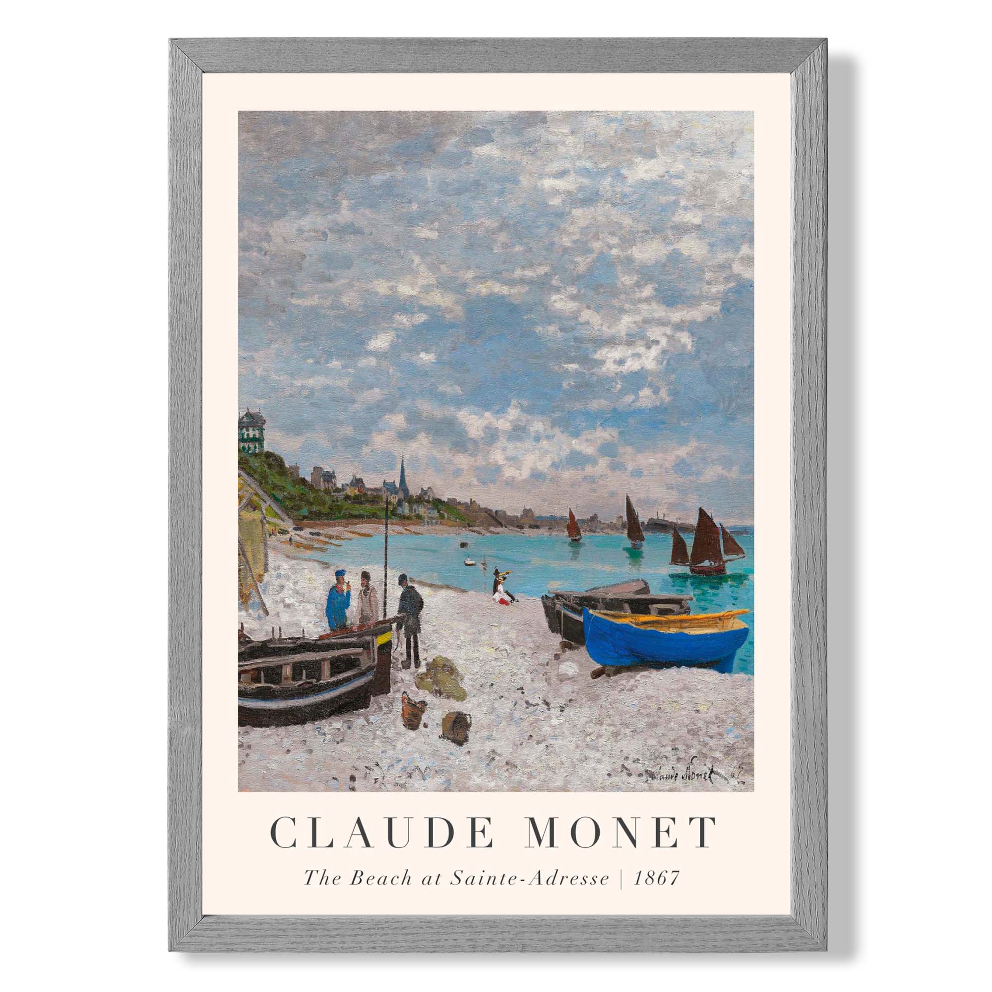 Claude Monet The Beach at Sainte-Adresse print in Light Grey Wooden Frame