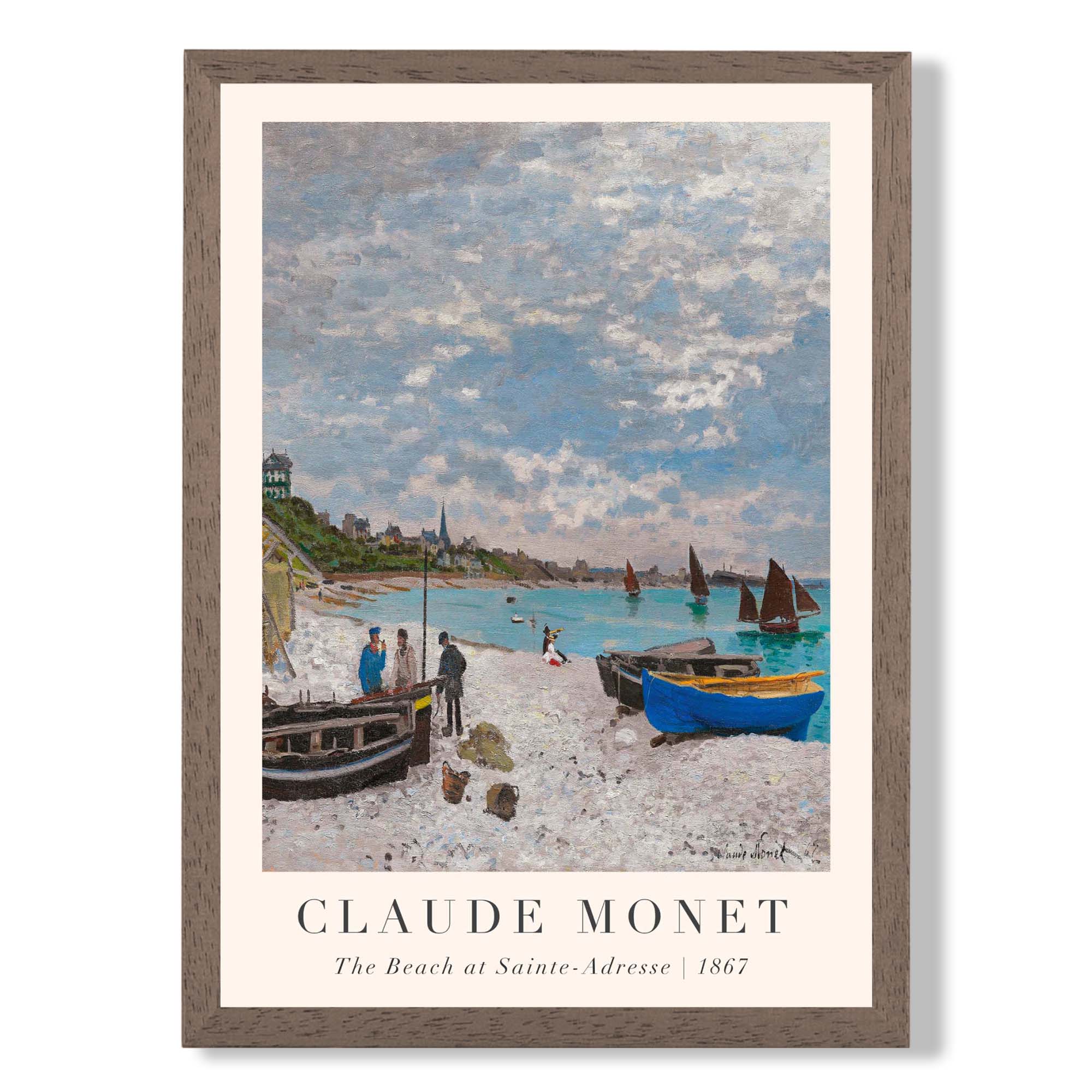 Claude Monet The Beach at Sainte-Adresse print in Walnut Wooden Frame