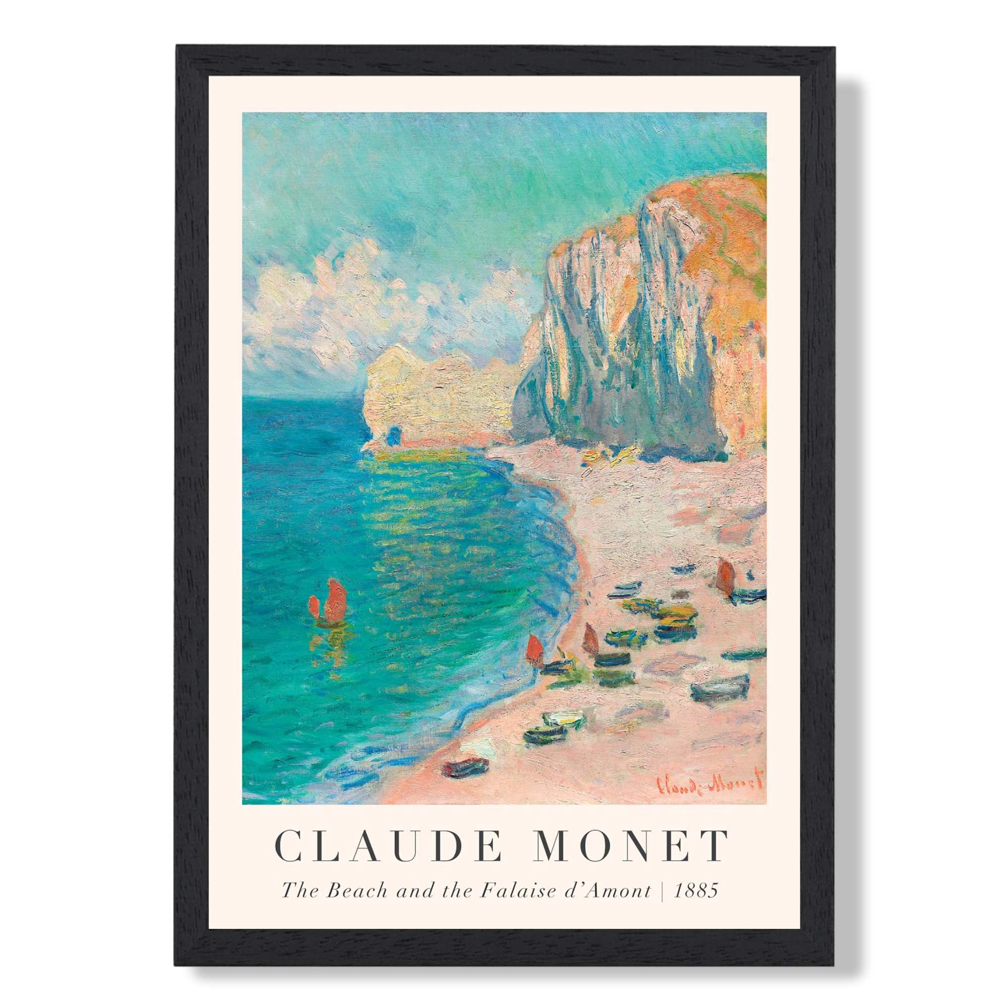 Claude Monet The Beach and the Falaise d'Amont print in Black Wooden Frame
