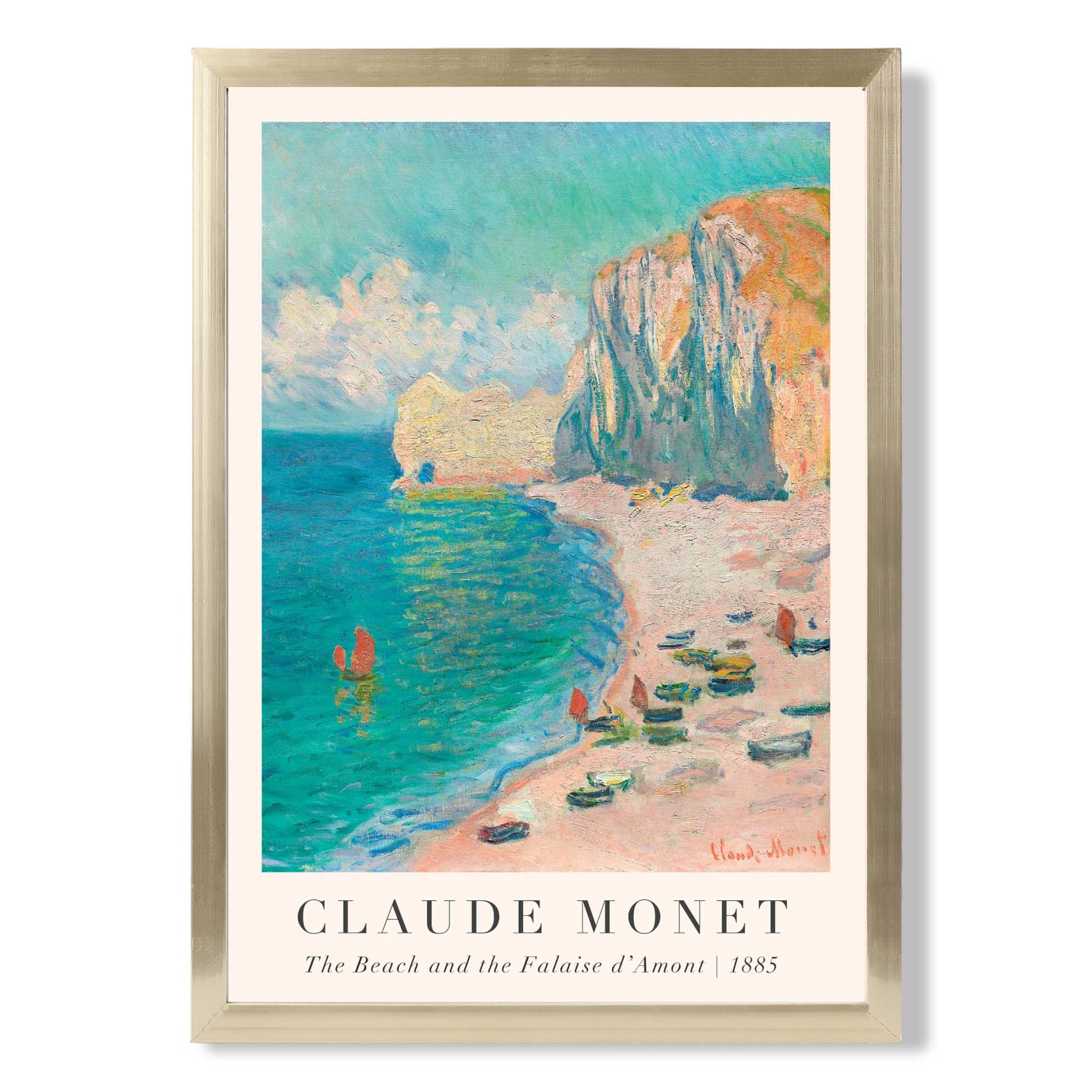 Claude Monet The Beach and the Falaise d'Amont print in Gold Wooden Frame