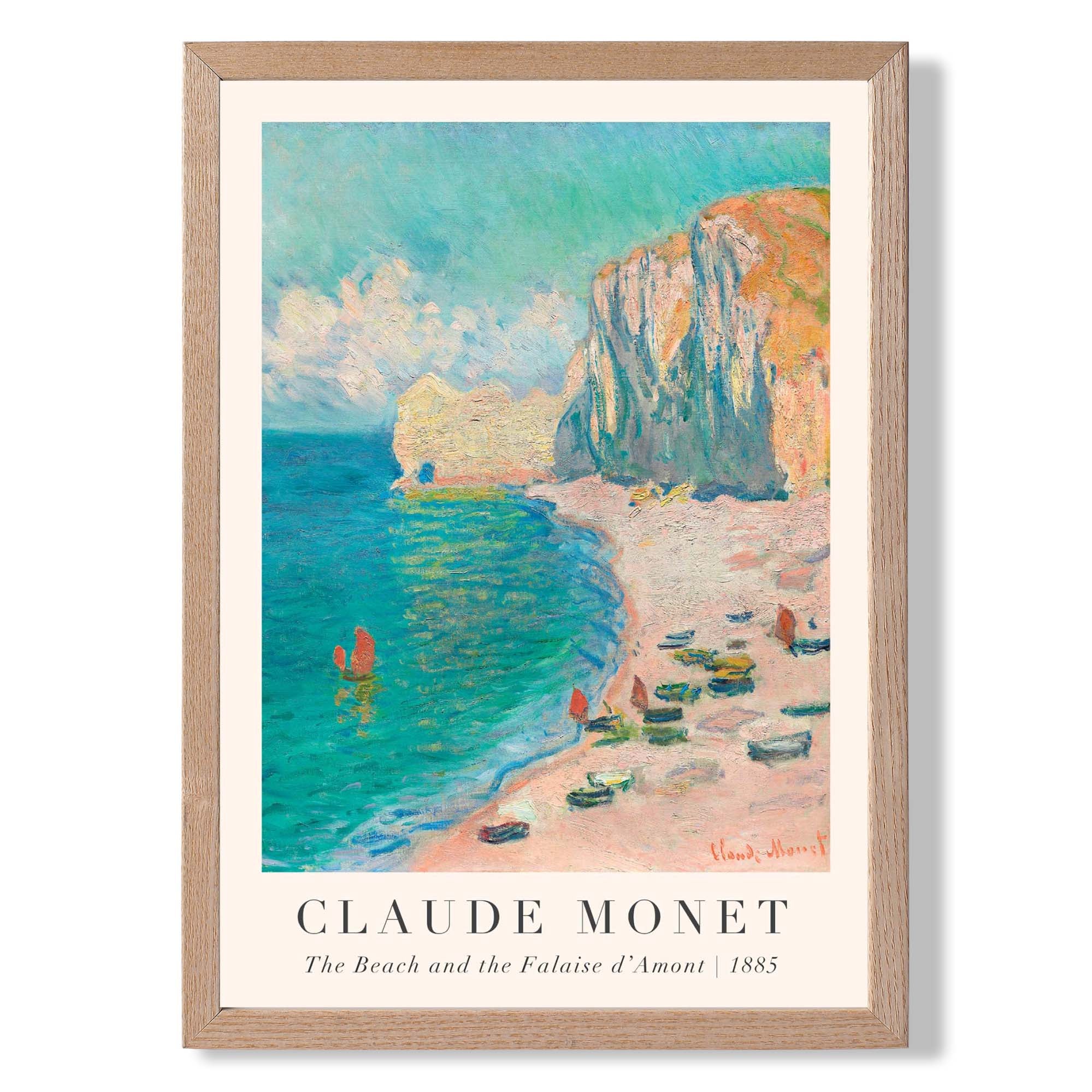 Claude Monet The Beach and the Falaise d'Amont print in Light Oak Wooden Frame