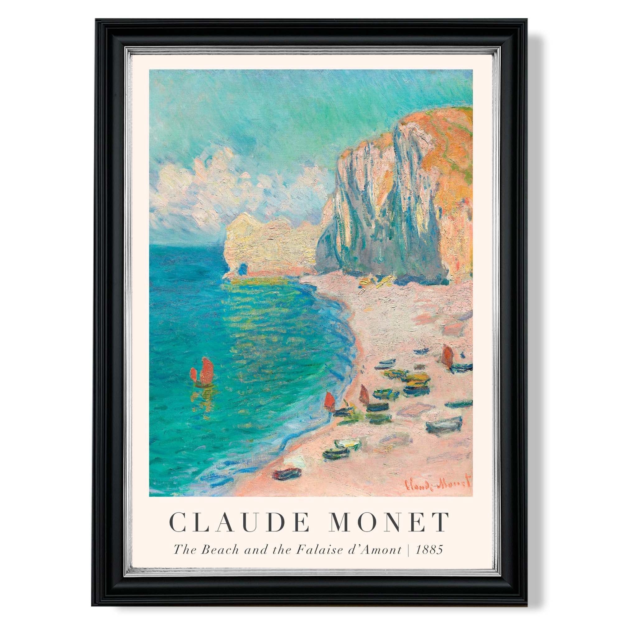Claude Monet The Beach and the Falaise d'Amont print in Black and silver Frame