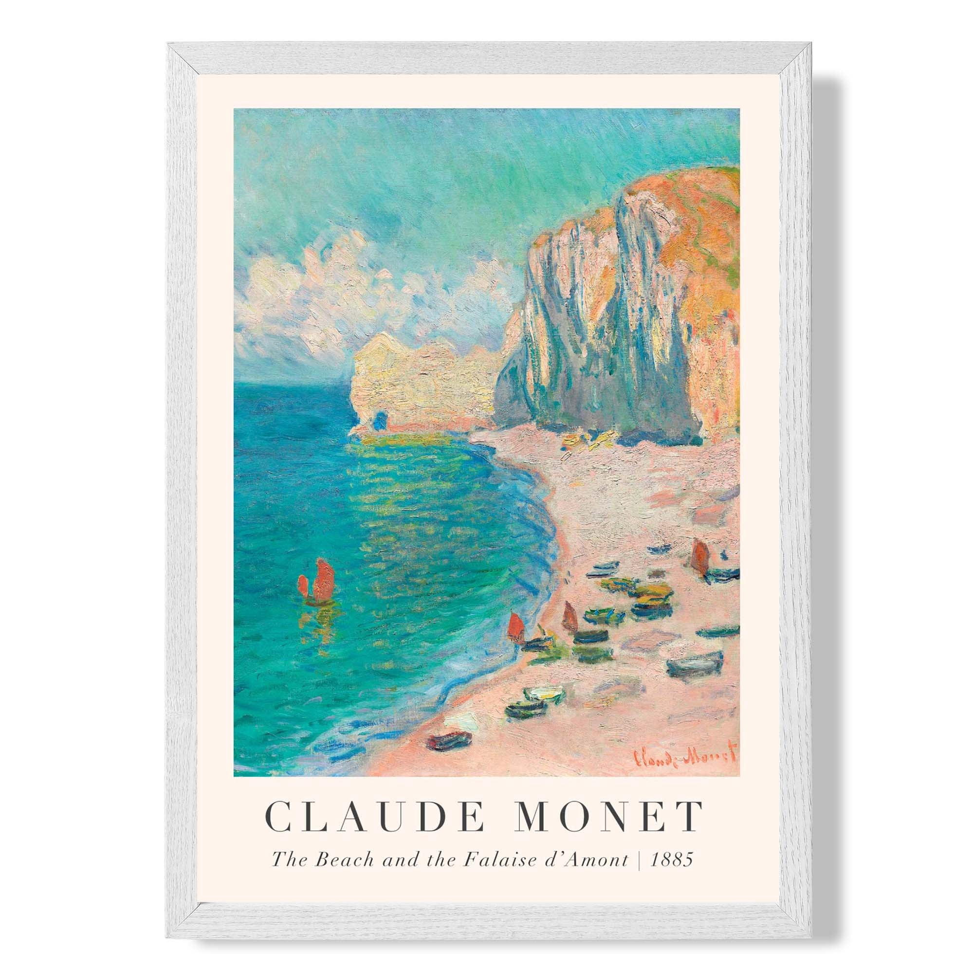 Claude Monet The Beach and the Falaise d'Amont print in White Wooden Frame