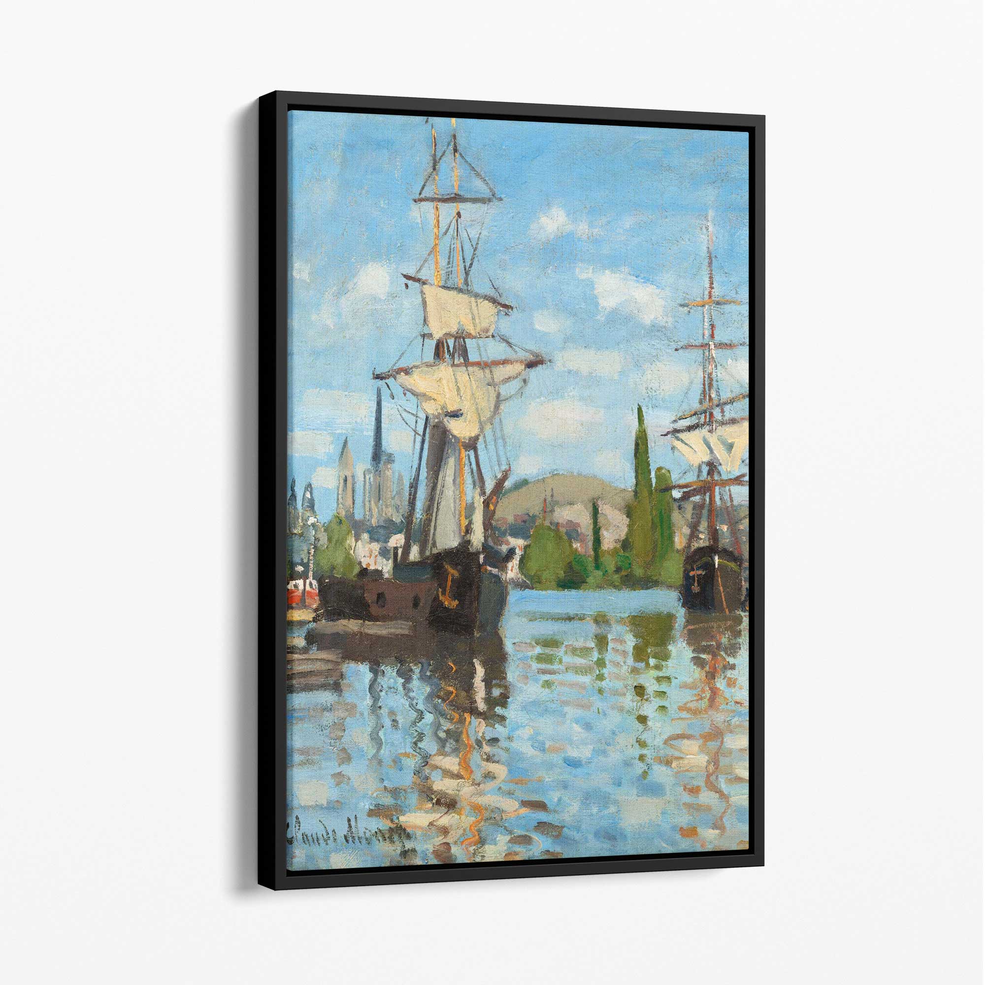 Claude Monet Ships Riding on the Seine at Rouen Canvas Art Print with Black Float Frame