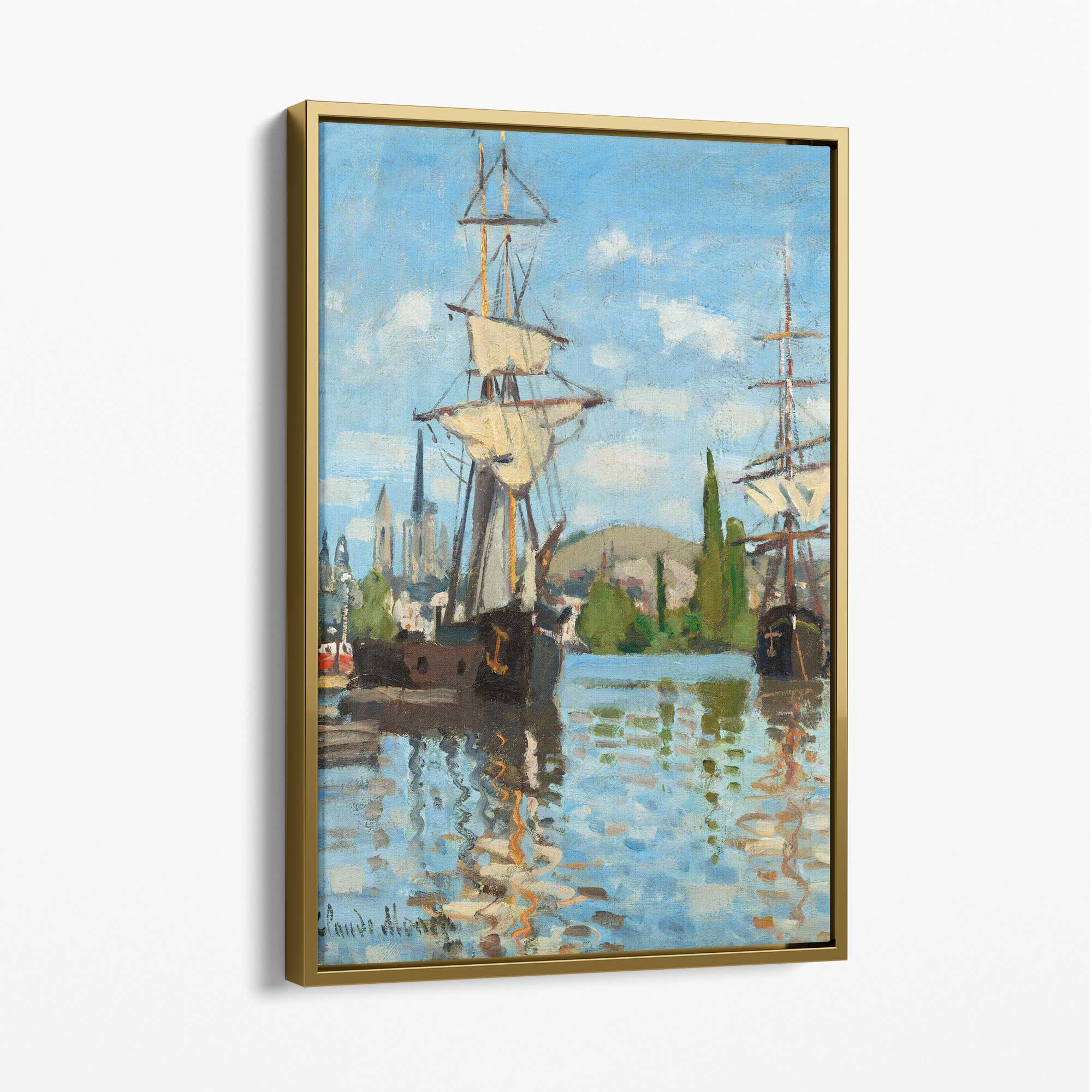 Claude Monet Ships Riding on the Seine at Rouen Canvas Art Print with Gold Float Frame