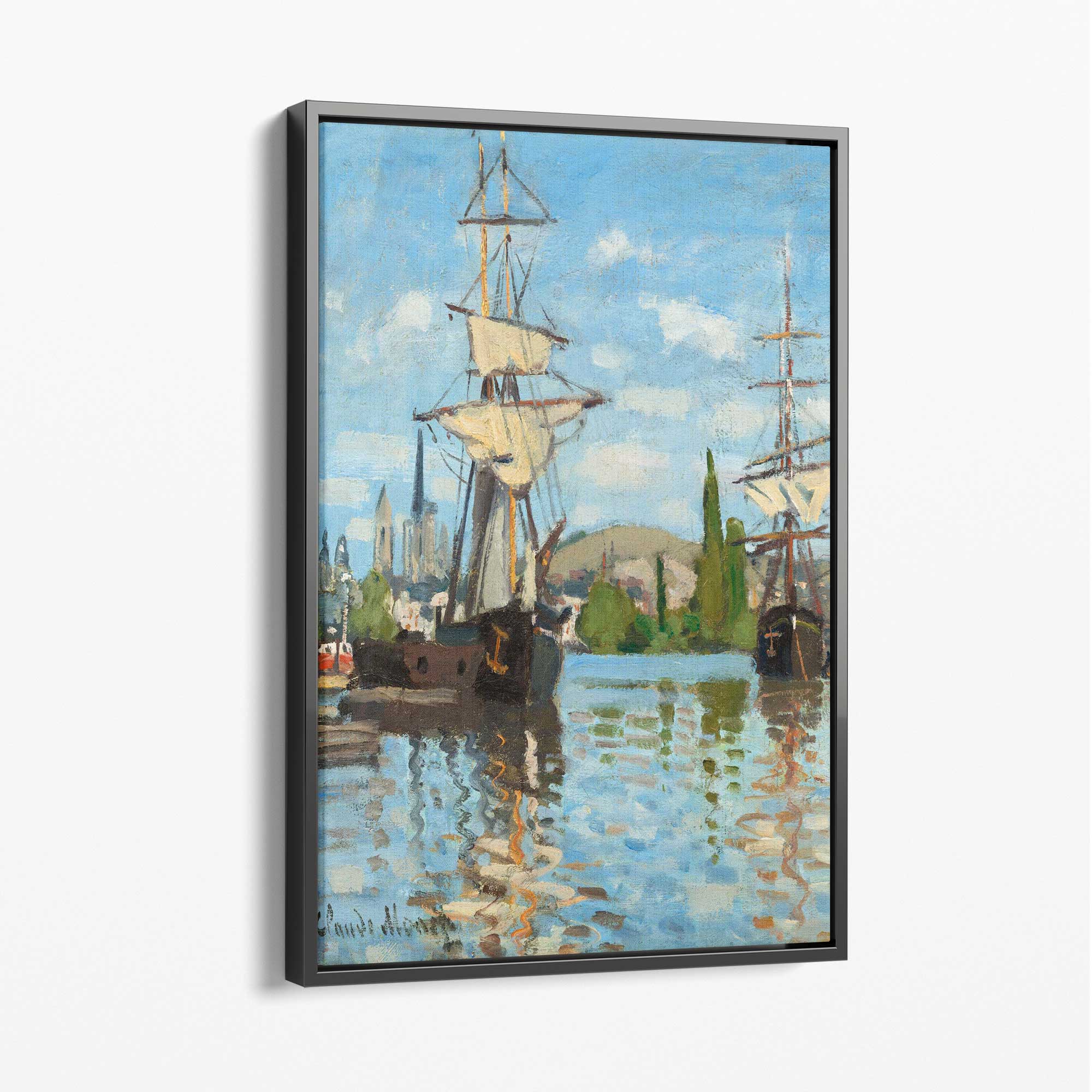 Claude Monet Ships Riding on the Seine at Rouen Canvas Art Print with Grey Float Frame