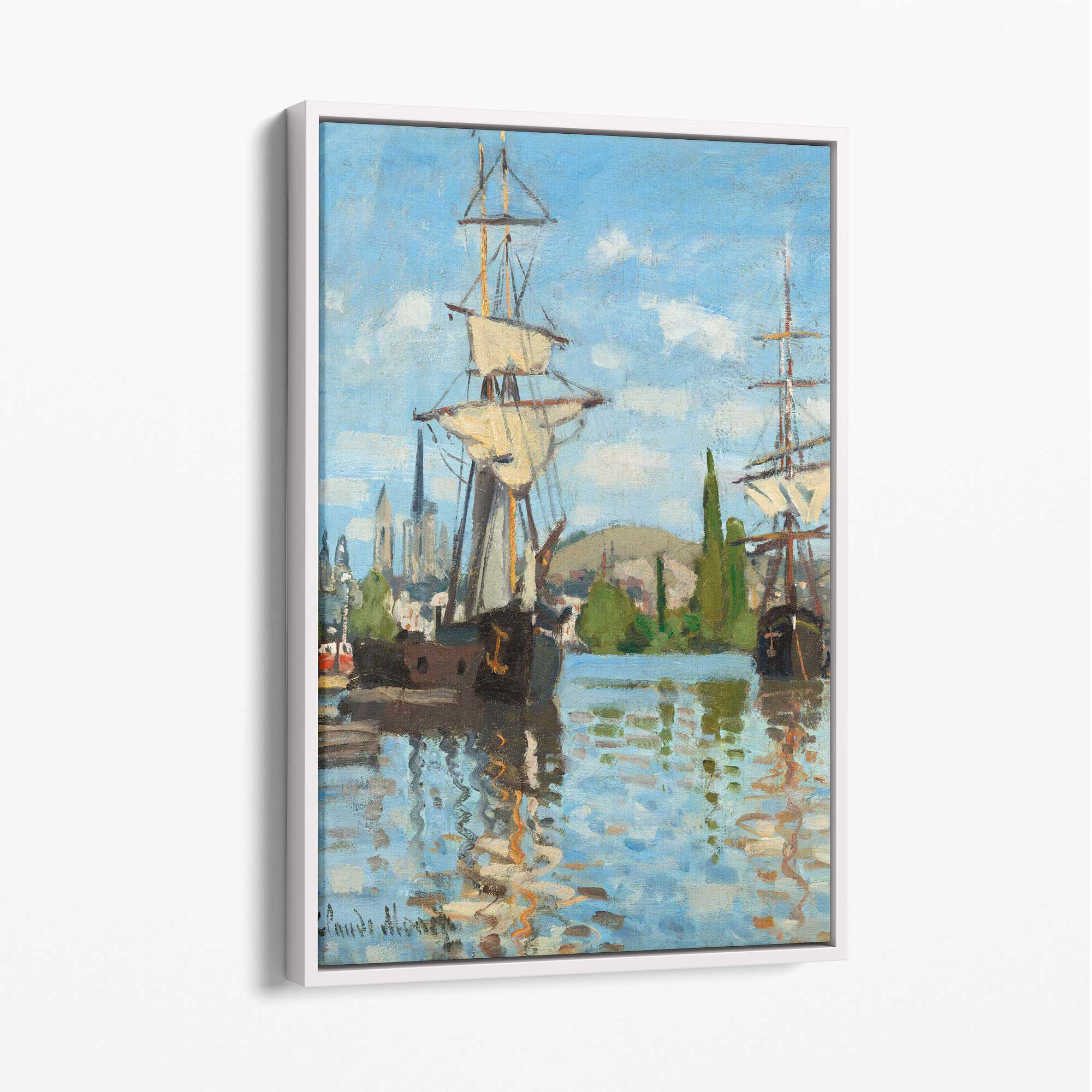 Claude Monet Ships Riding on the Seine at Rouen Canvas Art Print with White Float Frame