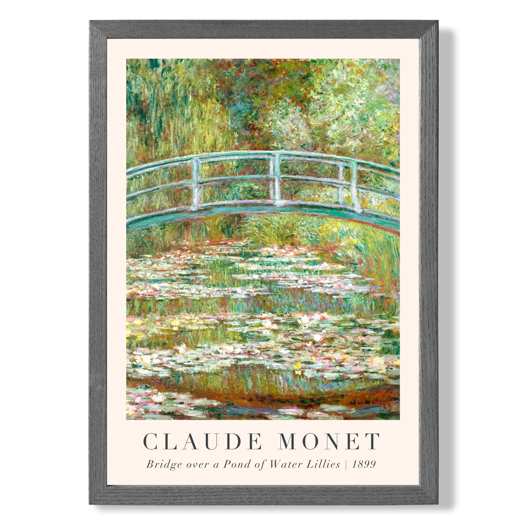 Claude Monet Bridge Over Pond of Water Lillies print in Dark Grey Wooden Frame
