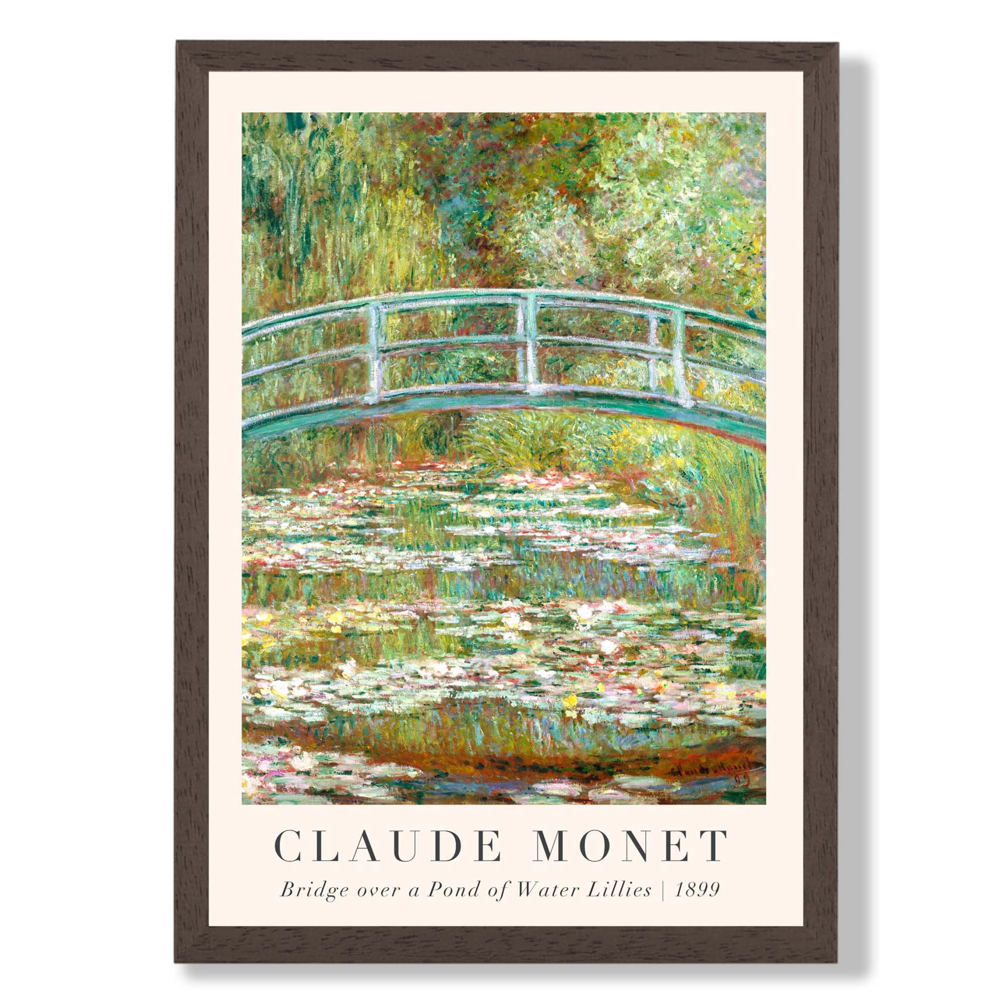 Claude Monet Bridge Over Pond of Water Lillies print in Dark Wooden Frame