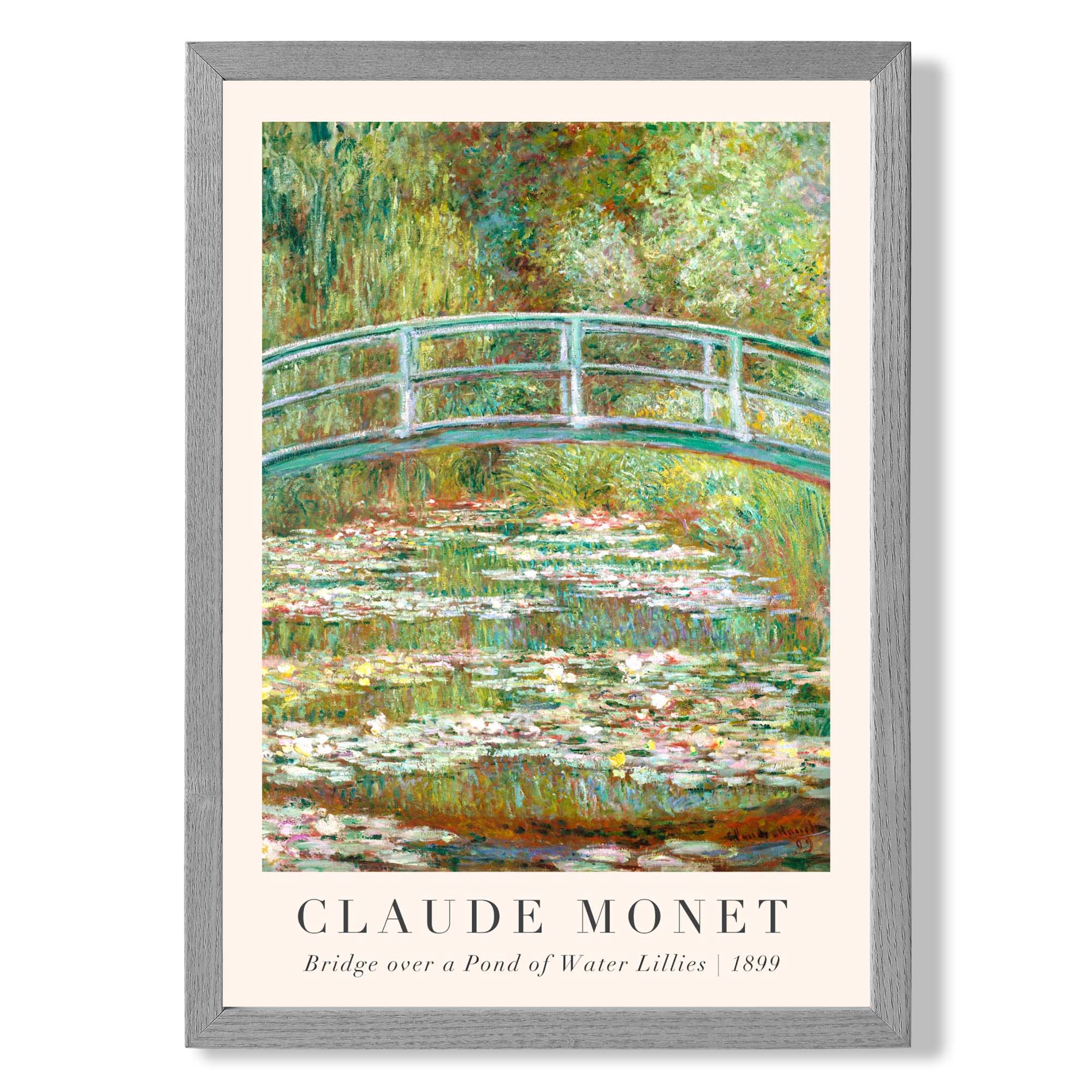Claude Monet Bridge Over Pond of Water Lillies print in Light Grey Wooden Frame