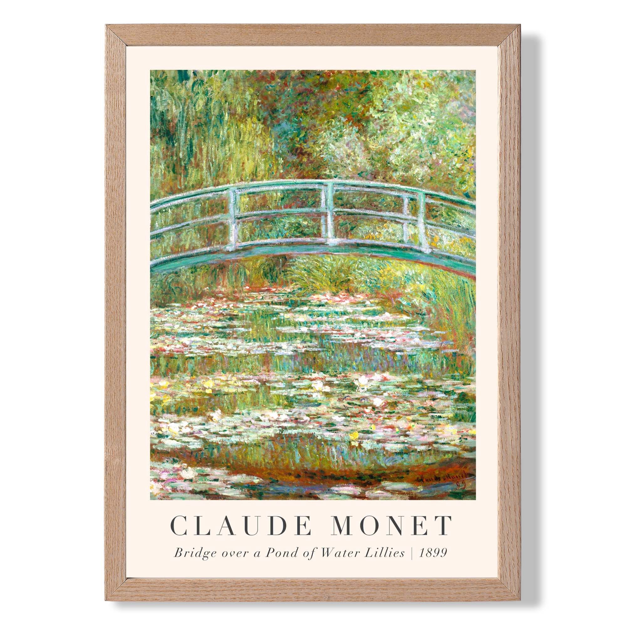 Claude Monet Bridge Over Pond of Water Lillies print in Light Oak Wooden Frame