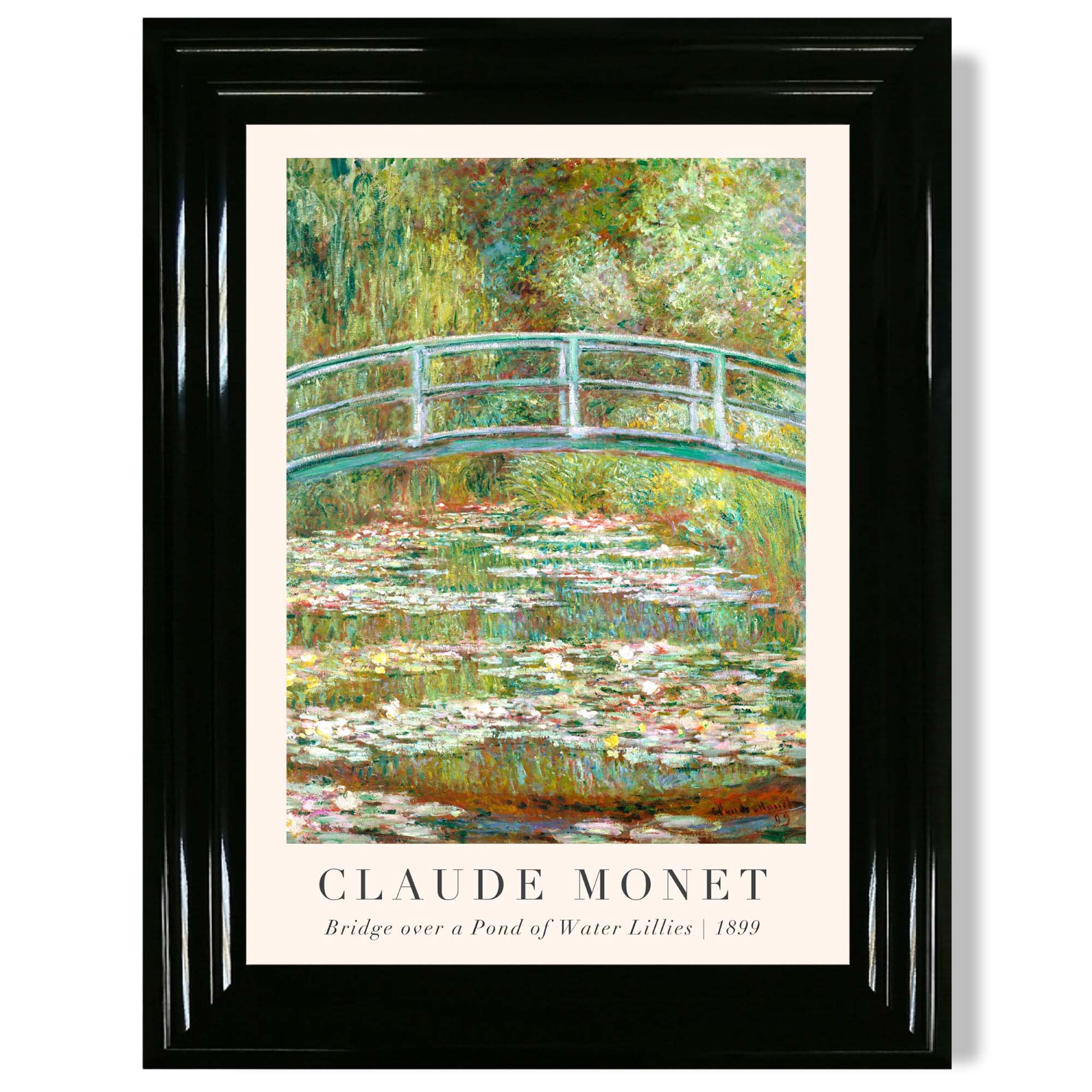 Claude Monet Bridge Over Pond of Water Lillies print in Black Glossy Frame