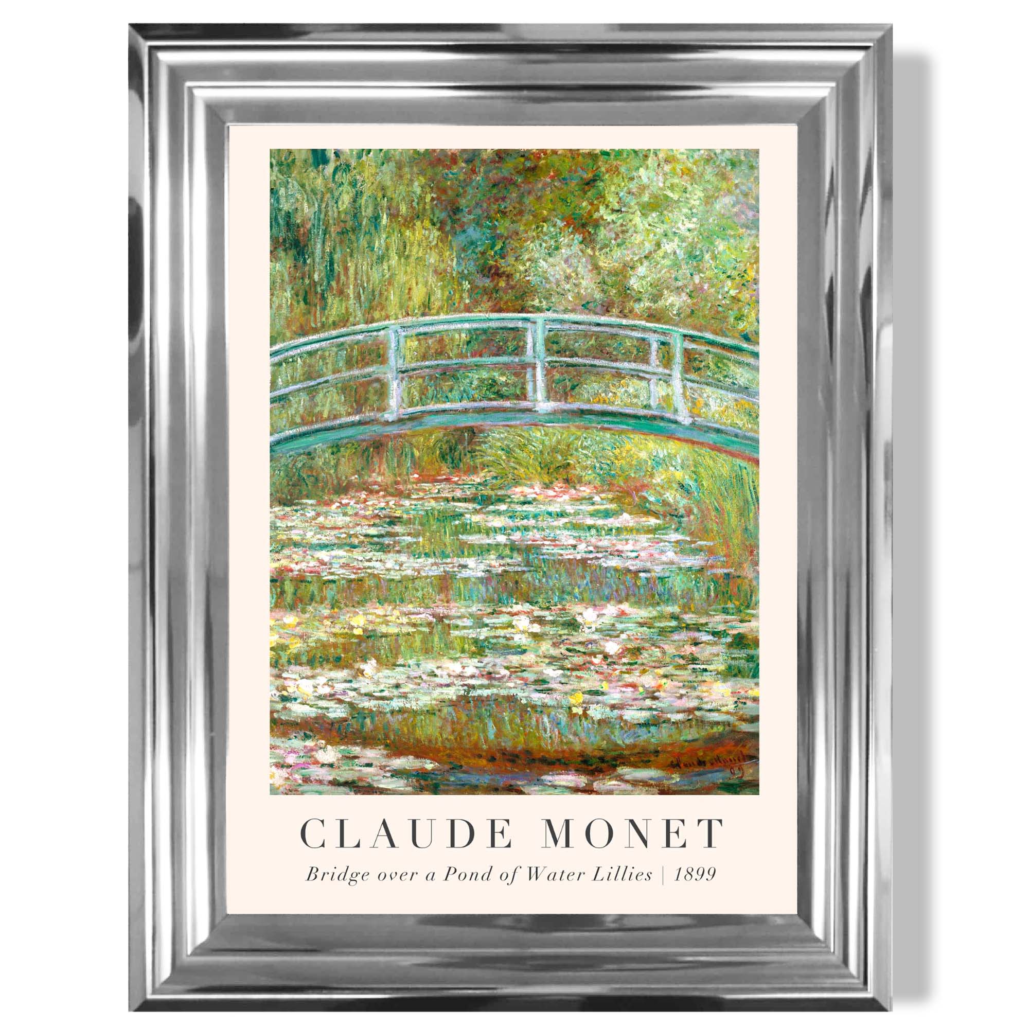 Claude Monet Bridge Over Pond of Water Lillies print in Chrome Glossy Frame