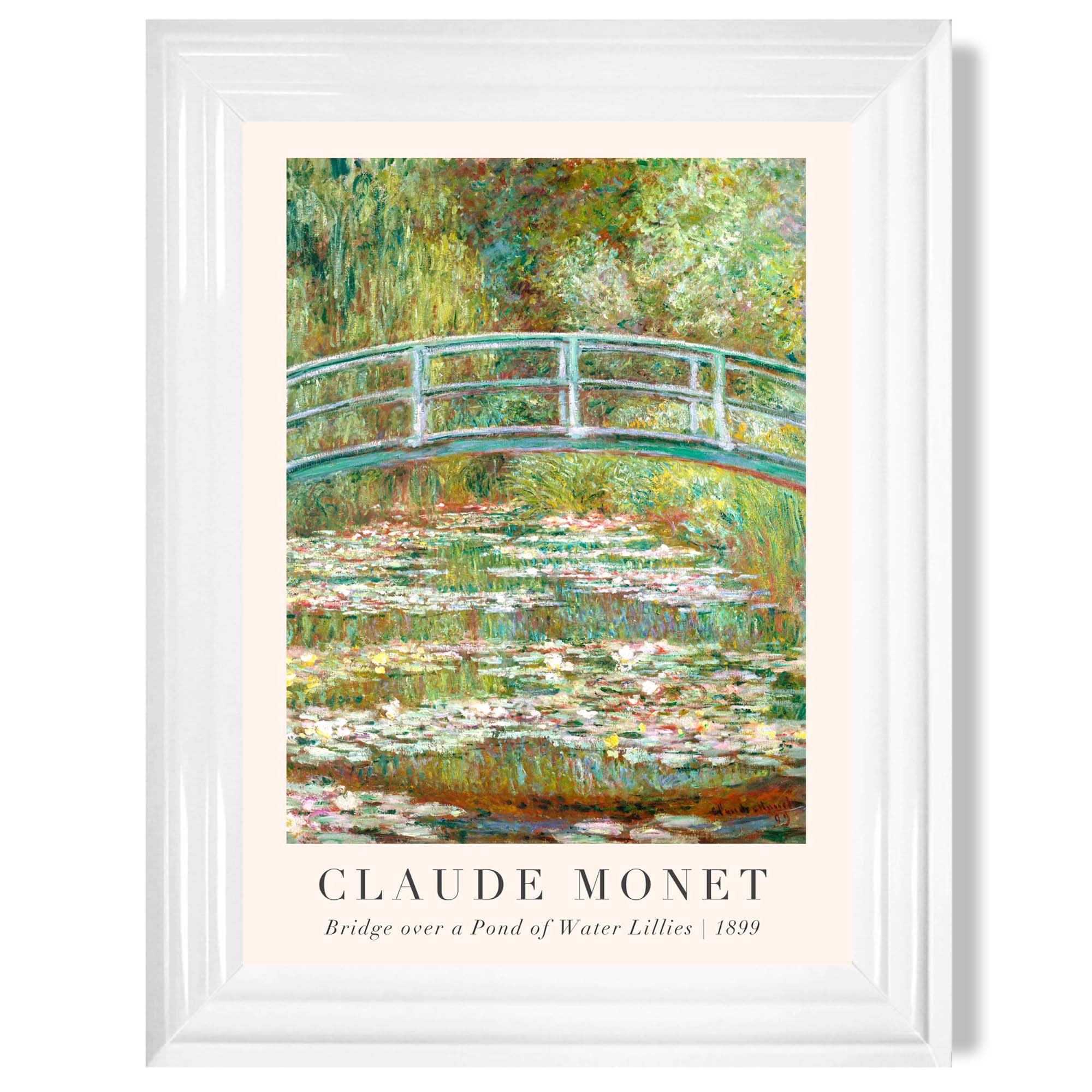 Claude Monet Bridge Over Pond of Water Lillies print in White Glossy Frame