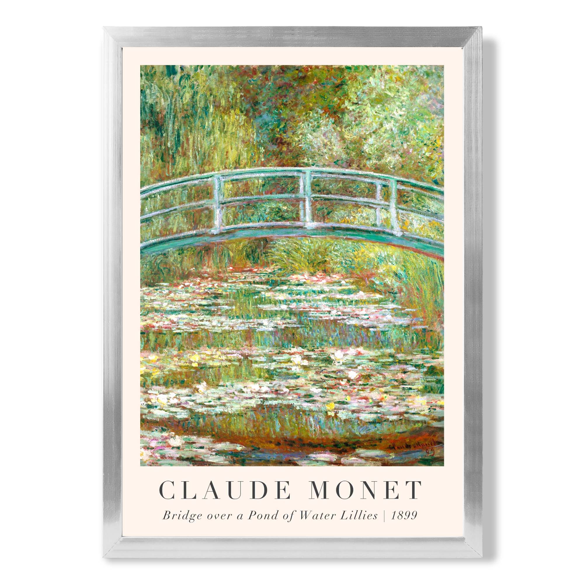 Claude Monet Bridge Over Pond of Water Lillies print in Silver Wooden Frame